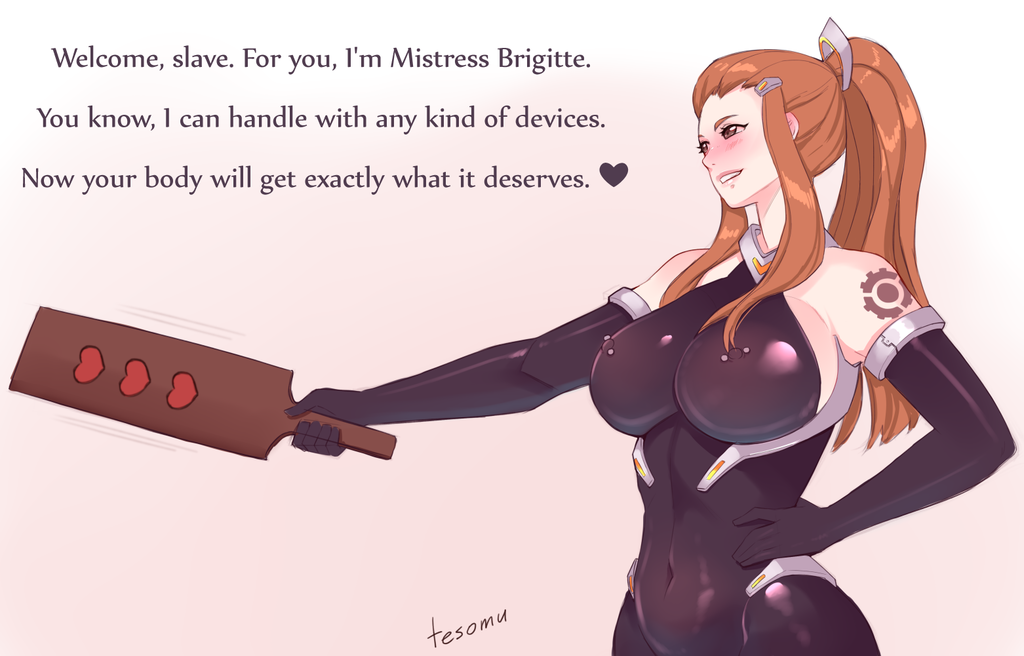 1girls 2d alternate_costume barefoot big_breasts blush bodysuit bondage brigitte brigitte_lindholm brown_eyes brown_hair dominant_female dominatrix elbow_gloves english erect_nipples female female_only femdom gloves heart latex latex_gloves nipple_piercing overwatch pierced_through_clothes ponytail skin_tight smile solo solo_female tattoo tesomu whip