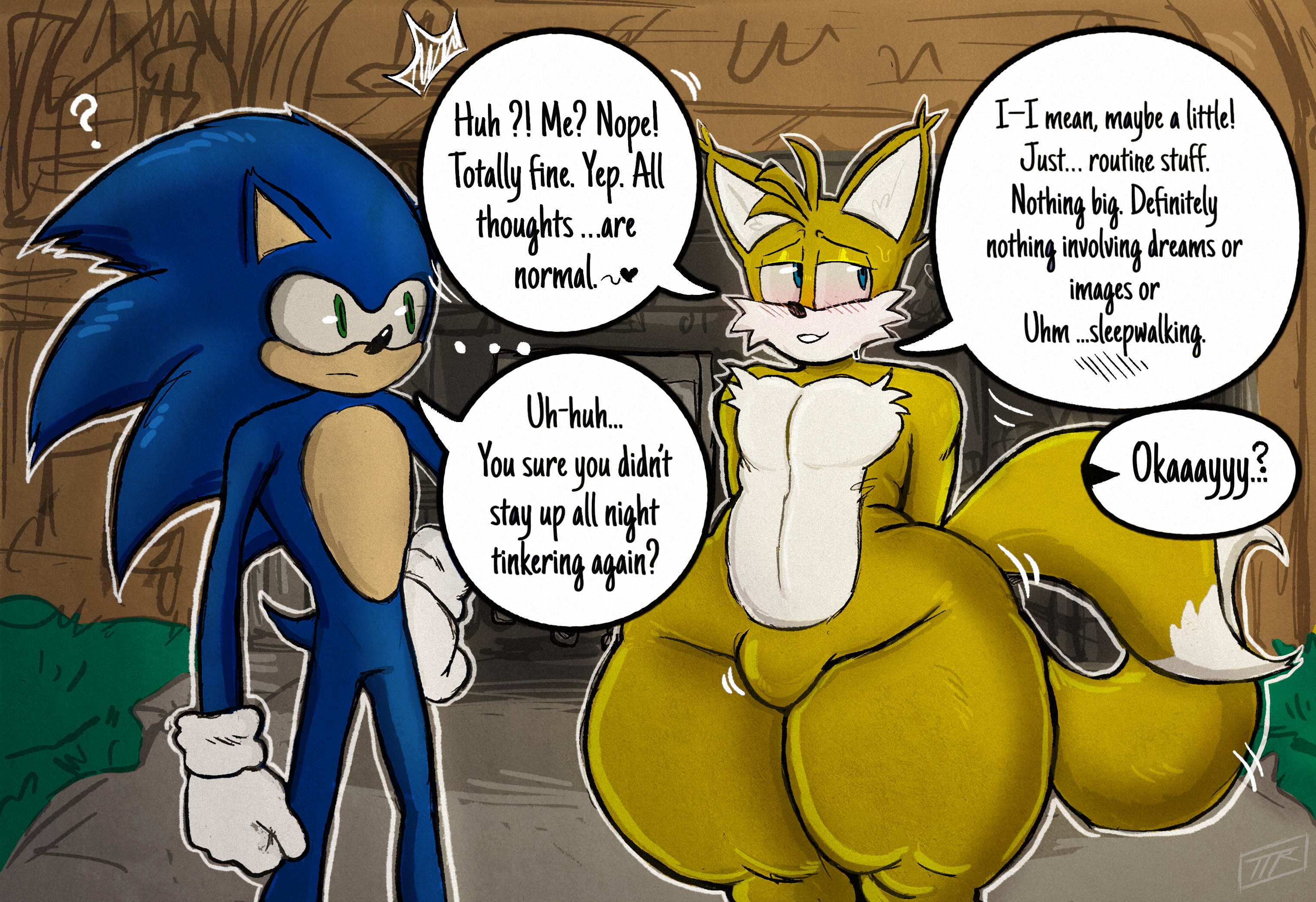 ?, ..., 2boys, big butt, big penis, blue body, bulge, color, color edit, colored, colored sketch, colorization, colorized, colorized edit, colorshun, femboy, fox, fox ears, fox humanoid, fox tail, green eyes, green eyes male, hedgehog, hedgehog boy, hedgehog ears, hedgehog humanoid, hedgehog tail, kojoarts, male, miles prower, rubber, sega, smile, smiley face, sonic (series), sonic the hedgehog, sonic the hedgehog (series), tails, tails the fox, teeth, yellow body, yellow skin