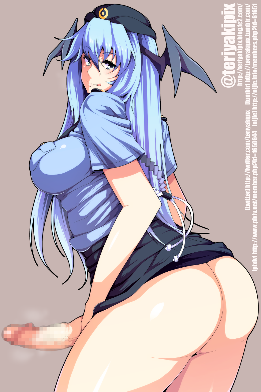 1futa :q ass blue_hair breasts censored erection futa_only futanari hair hat head_wings headgear highres hiromin intersex large_penis long_hair mosaic_censoring original penis police police_uniform smile solo tongue tongue_out uniform