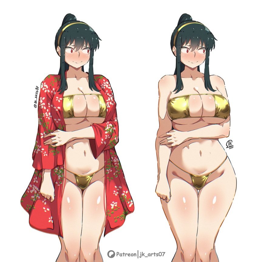 1girl, bikini, black hair, blush, breasts, closed mouth, eyepatch bikini, gold bikini, gold hairband, hairband, jk arts, jk arts07, large breasts, long hair, micro bikini, multiple views, navel, nose blush, ponytail, red eyes, red robe, robe, sidelocks, simple background, spy x family, swimsuit, white background, yor briar, yor forger