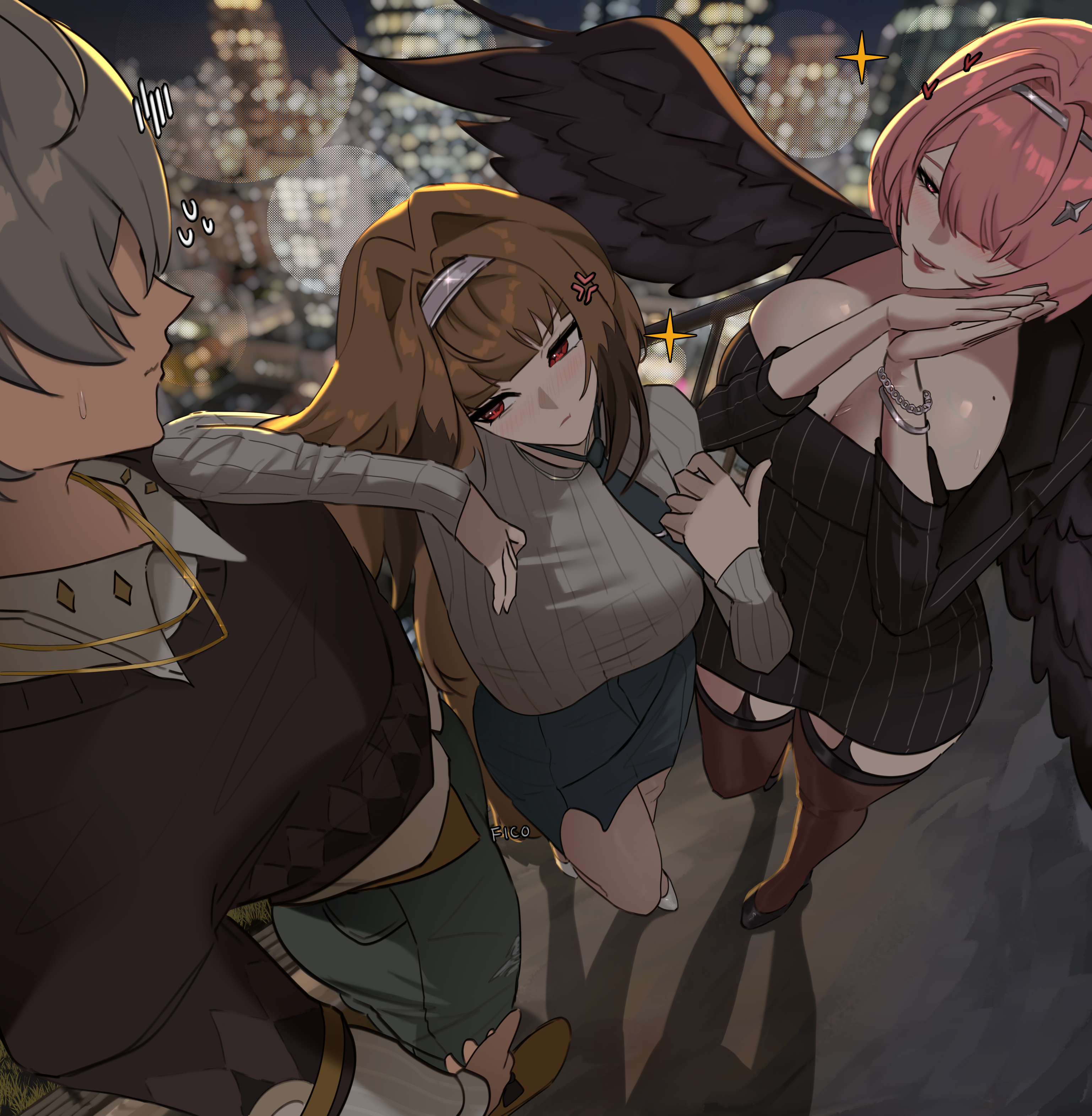 1boy, 2girls, alternate costume, angry, angry expression, angry face, before sex, big breasts, color, drawing, fat ass, ficoemirrio, fox ears, holding, imminent sex, imminent threesome, jealous, jealous female, long hair, mihoyo, night, official alternate costume, remielle dan, remielle dan (moonlight whispers), short hair, suprised, surprised expression, sweat, tail, thick thighs, thiren, wings, wise (oath of skies) (zenless zone zero), wise (zenless zone zero), ye shunguang, ye shunguang (touch of dawnlight), zenless zone zero