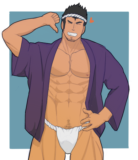 1boy abs bara big_pecs black_hair closed_eyes clothing facial_hair fundoshi fundoshi_only haori human human_only male male_focus male_only muscle muscles muscular muscular_male muscular_thighs pecs pectorals pubic_hair six_pack smile solo solo_focus solo_male standing takejirog teeth teeth_showing underwear white_underwear