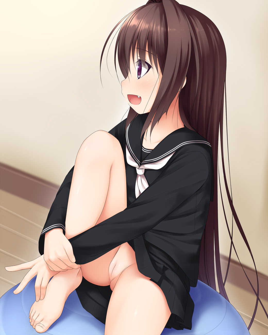 ball barefoot brown_hair cute_fang female haryuu_(poetto) highres long_hair looking_away no_panties open_mouth original pleated_skirt purple_eyes pussy school_uniform serafuku skirt solo uncensored very_long_hair