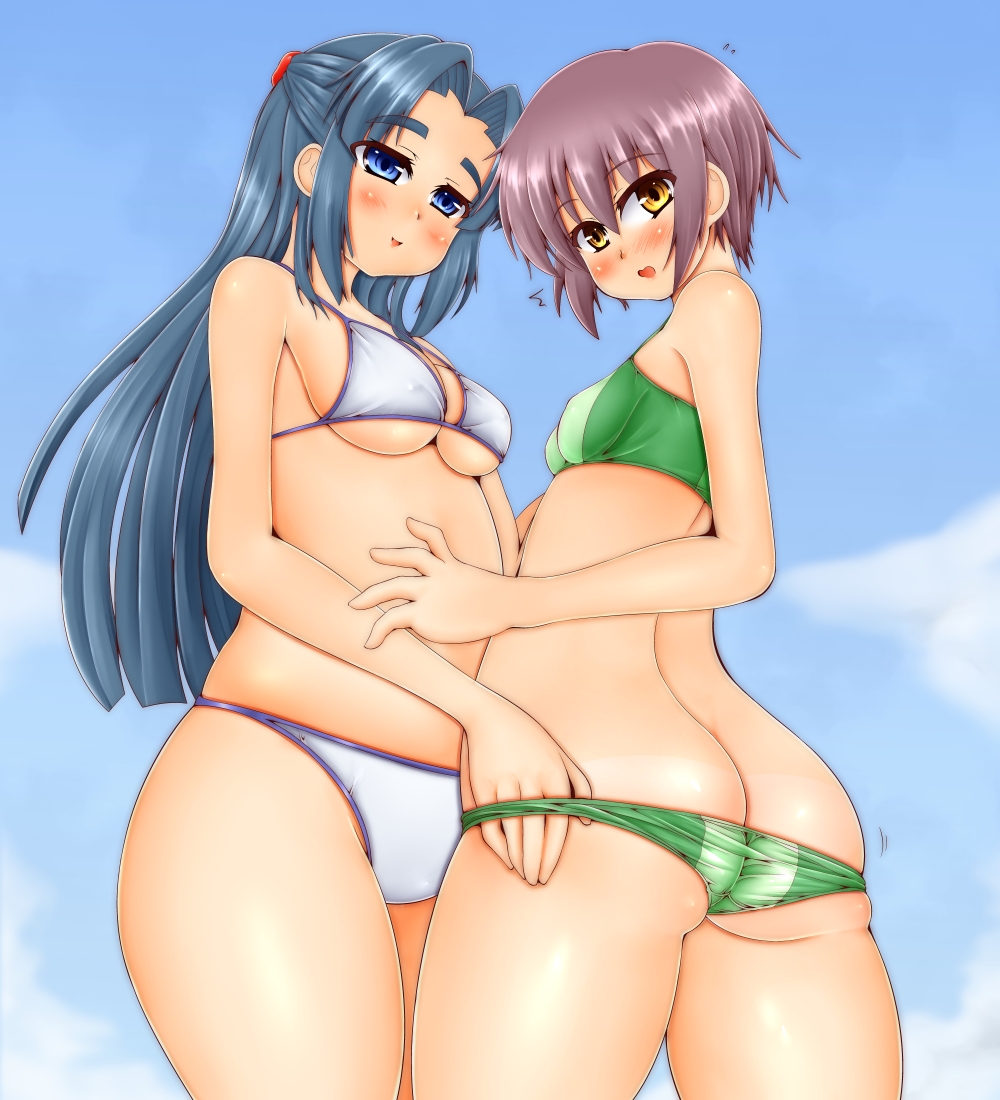 /\/\/\ 2girls :d :o asakura_ryouko ass ass_cleavage assisted_exposure bandeau bangs bare_arms bare_back bare_shoulders bikini bikini_pull blue_eyes blue_hair blue_sky blush breasts butt_crack cowboy_shot female from_behind glasses green_bikini huge_ass long_hair looking_back multiple_girls nagato_yuki open_mouth parted_bangs parted_lips pulled_by_another purple_eyes short_hair sky small_breasts smile standing surprised suzumiya_haruhi_no_yuuutsu swimsuit tan tanline underboob very_long_hair white_bikini wide_hips yellow_eyes yukirin_(nagatoyuki_ibukifuko) yuri