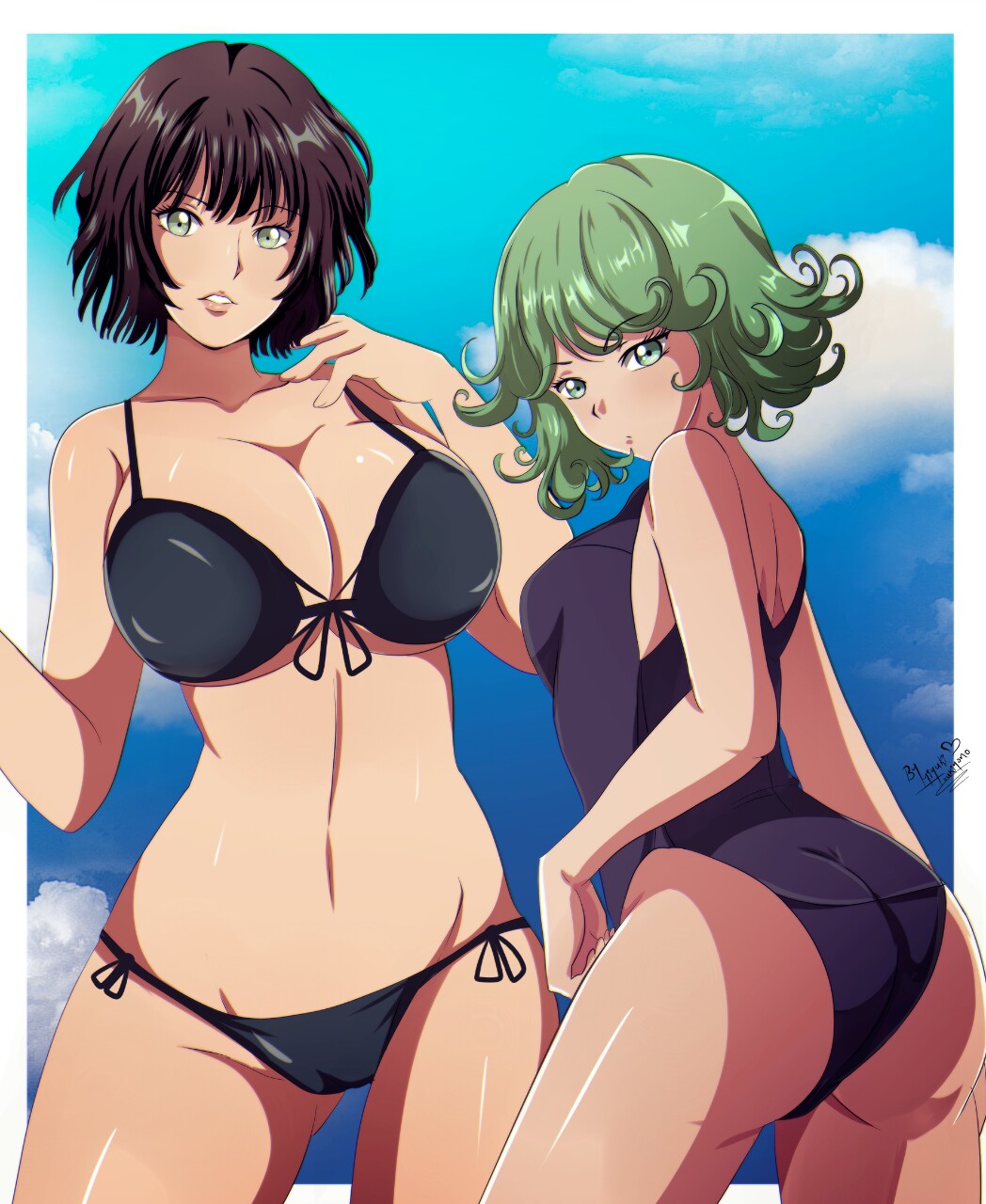 2girls, ass, bikini, black hair, duo, female, female only, fubuki (one-punch man), green eyes, green hair, multiple females, multiple girls, one-punch man, siblings, sisters, tatsumaki
