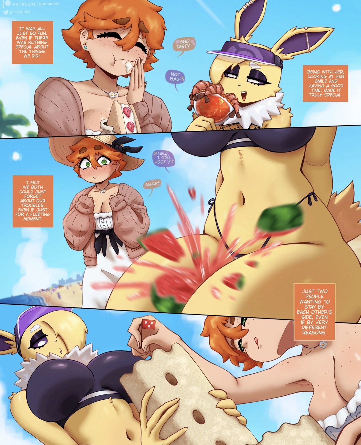 2026, 2girls, beach, big breasts, blush, blushing, comic, crushing, dialogue, eeveelution, female, female focus, female only, freckles, game freak, gammainks, green eyes, hair over one eye, jolteon, kaminari (gammainks), katherine robinson (gammainks), nintendo, orange hair, pokemon, pokemon only, sun, swimsuit, tagme, thick thighs, watermelon, yellow fur, yuri