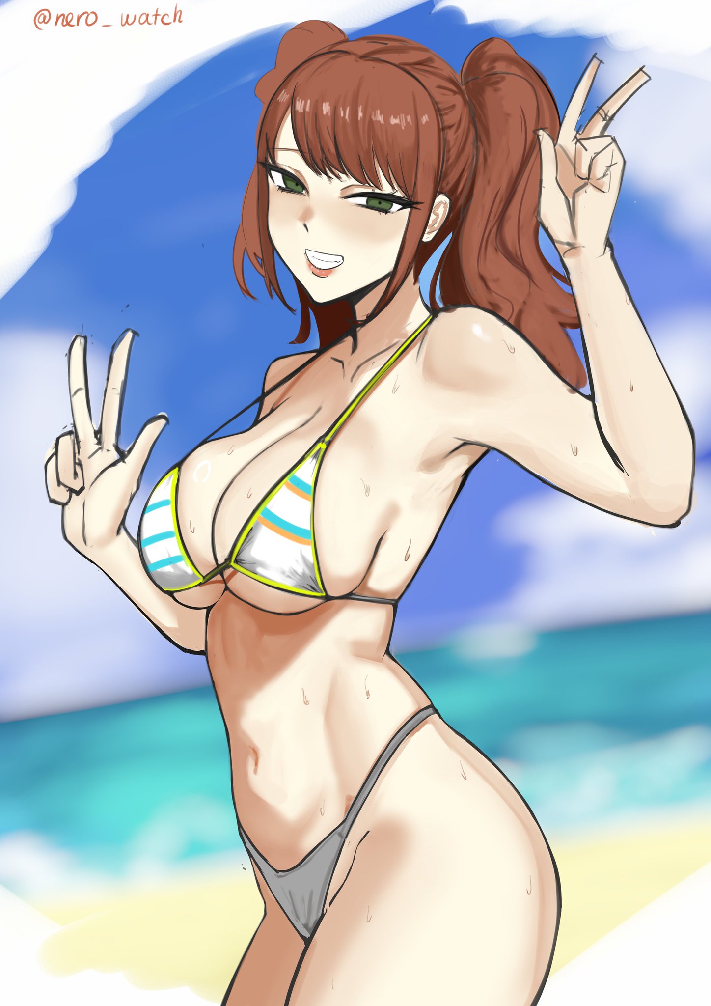 beach, beach background, belly, belly button, bikini, blushing, blushing at viewer, breasts, cleavage, green eyes, kujikawa rise, looking at viewer, navel, nero watch, persona, persona 4, posing, red hair, seductive look, sideboob, sweat, sweaty, swimsuit, thick thighs, thighs, tight bikini, tight clothing, underboob