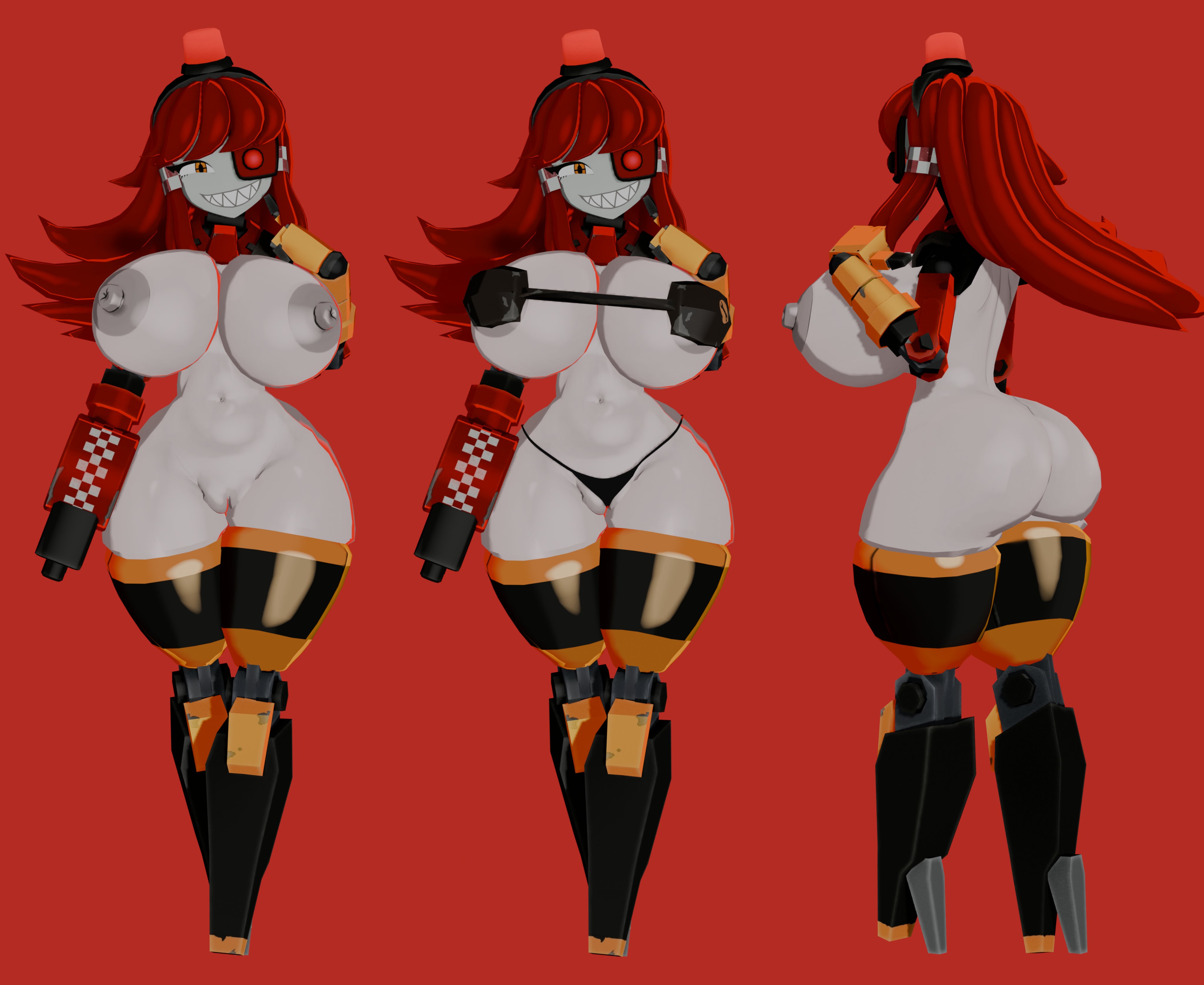 3d, 3girls, cheeseboi, female, female only, huge breasts, mimi sentry, robot, robot girl, team fortress 2, thick thighs