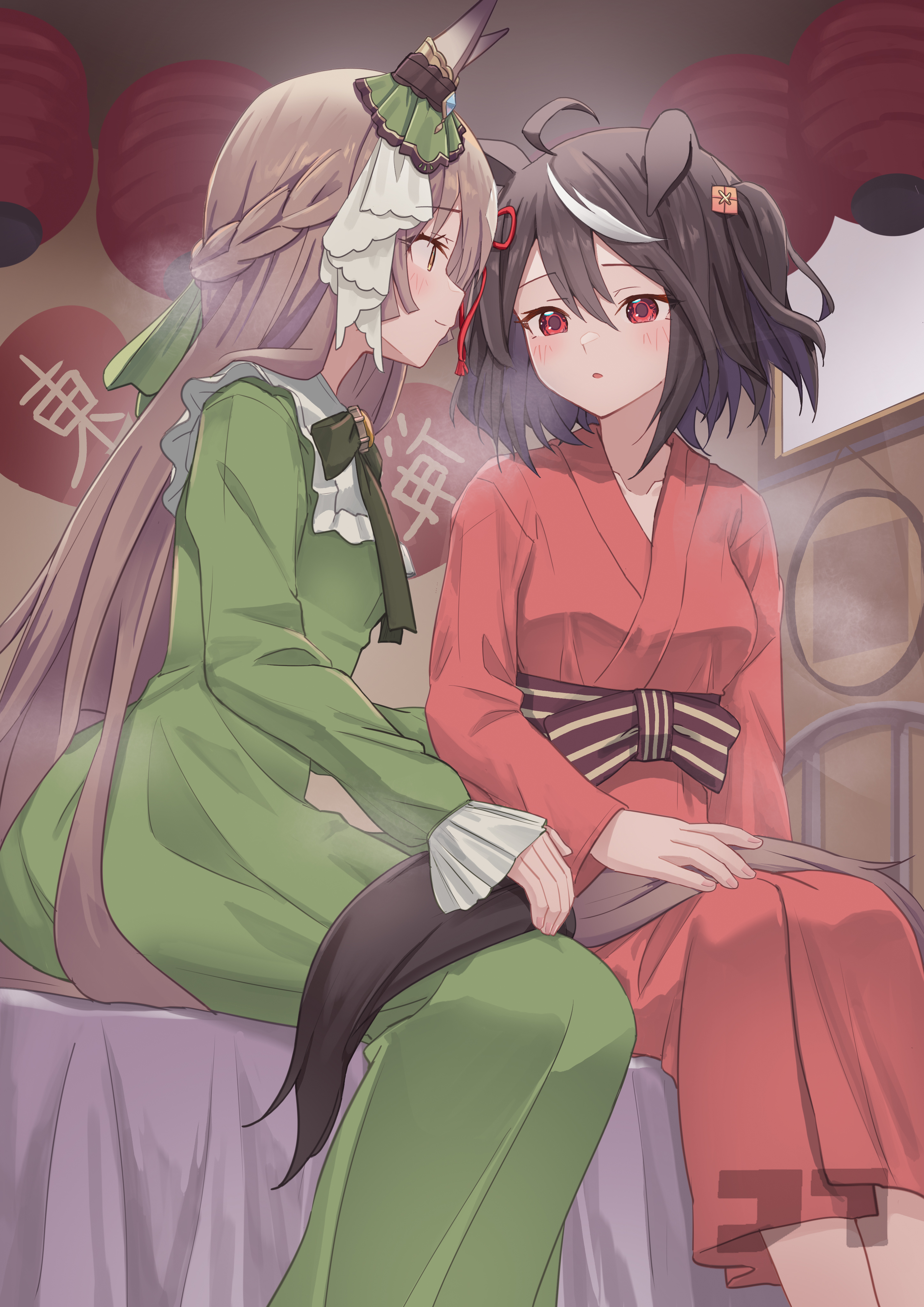 2girls, black hair, brown eyes, brown hair, female only, female/female, green dress, horse ears, horse girl, horse tail, indoors, jtleeklm, kitasan black (umamusume), large breasts, looking at another, multicolored hair, red eyes, red kimono, satono diamond (umamusume), sitting, sitting on bed, two side up, umamusume, umamusume pretty derby, white hair, yuri