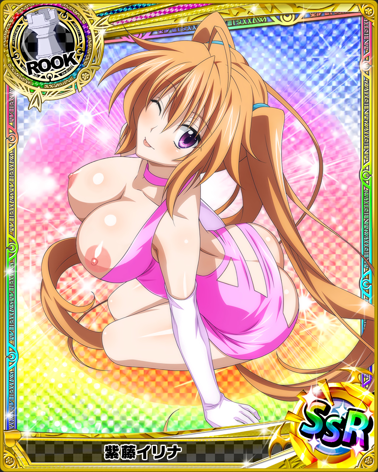 areolae, ass, ass crack, blush, breasts, breasts out, butt crack, card (medium), female, high school dxd, large breasts, long hair, looking at viewer, looking back, nipples, one eye closed, orange hair, photoshop, purple eyes, shidou irina, sitting, smile, solo, tied hair, tongue, tongue out, twintails, very long hair