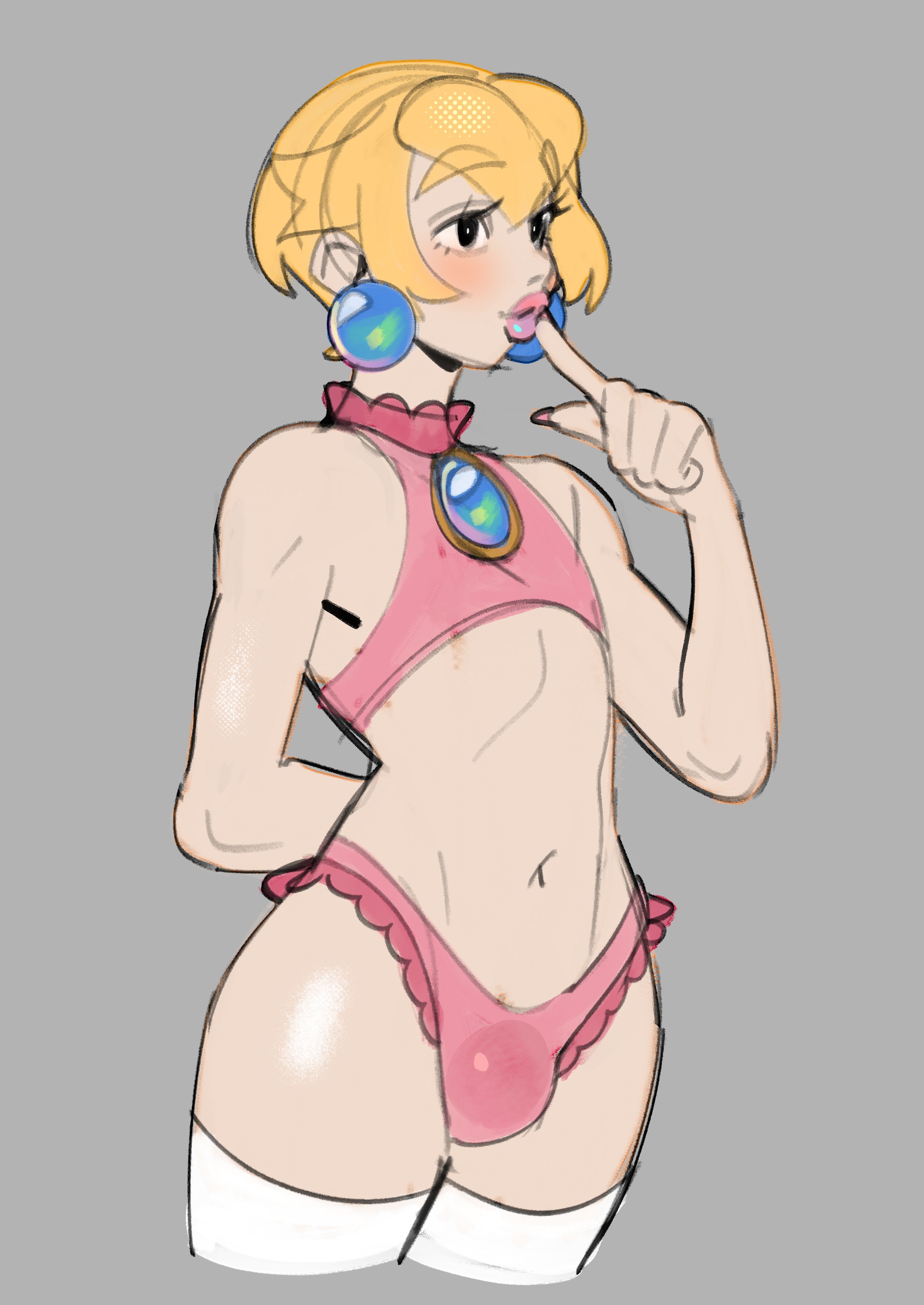 1boy, 1femboy, 2026, bulge, digital media (artwork), earrings, femboy, femboy only, genderswap (ftm), grey background, lips, lyssahh, male, male only, mario (series), nintendo, no visible genitalia, prince apricot, princess peach, revealing clothes, solo, solo femboy, solo male