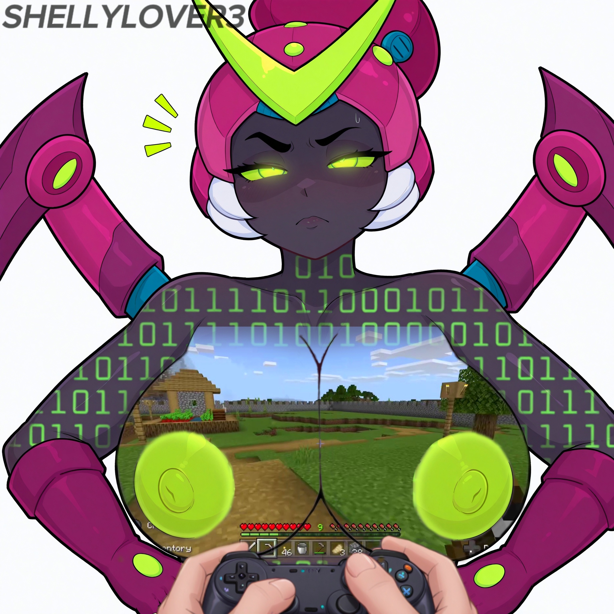 1boy, 1girls, ai generated, big breasts, blush, brawl stars, charlie (brawl stars), displeased, gamepad, hands on hips, looking at viewer, minecraft, playing videogame, virus charlie (brawl stars)