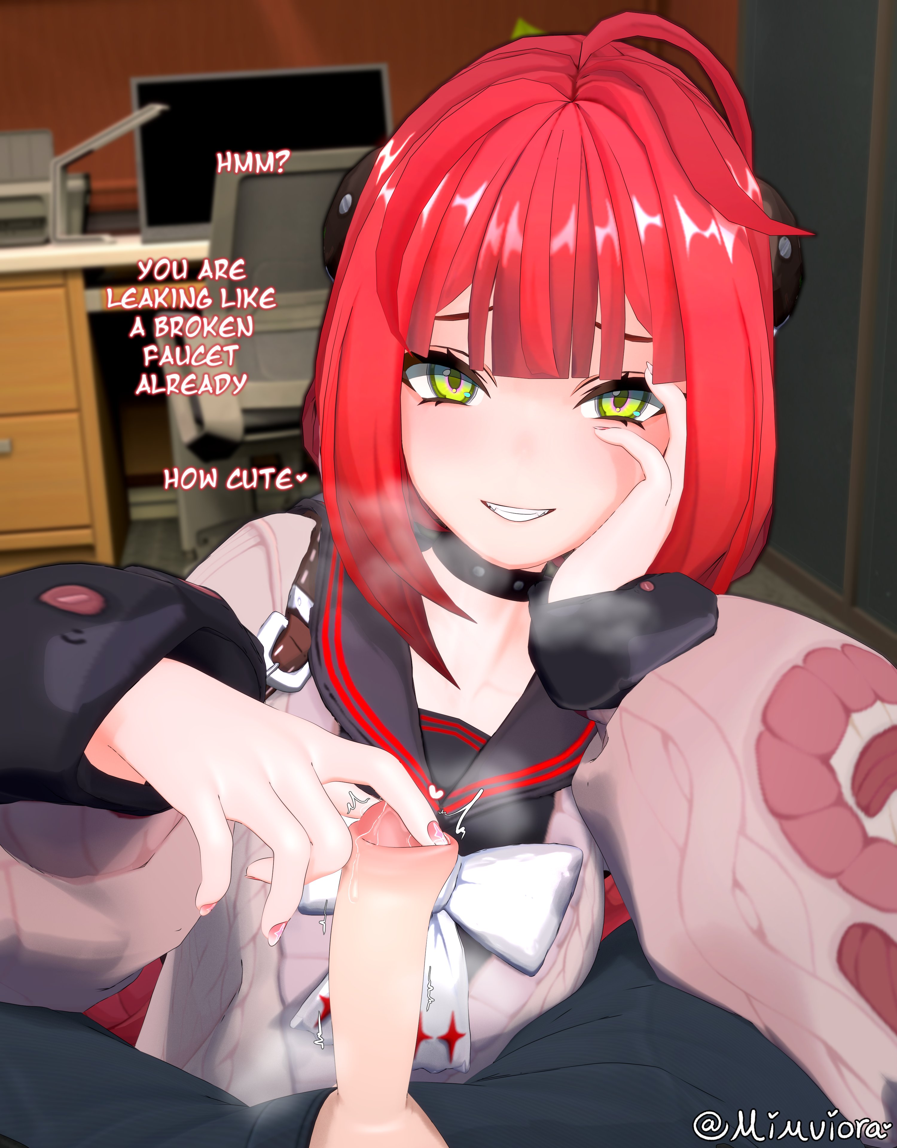 1boy, 1girls, 3d, choker, colored nails, dialogue, female, femdom, femdom caption, foreskin play, hairyharzo, handjob, heart, hoyoverse, long nails, male, male pov, mihoyo, mimuiora, painted nails, pink nails, pov, red hair, segsultimate, small penis, small penis adoration, spoken heart, teasing, teasing viewer, text, ukinami yuzuha, zenless zone zero