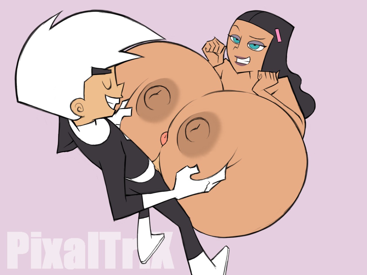 1boy, 1girls, breasts, brown skin, danny fenton, danny phantom, dark skin, dark-skinned female, female, gigantic breasts, interracial, latina, male, nickelodeon, nicktoons, paizuri, paulina sanchez, pixaltrix, straight