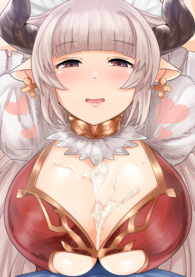 alicia_(granblue_fantasy) blush breasts cleavage cross cross_earrings cum cum_on_body cum_on_breasts cum_on_upper_body earrings female granblue_fantasy horns huge_breasts jewelry long_hair looking_at_viewer pointy_ears schizanthus_(artist) silver_hair smile