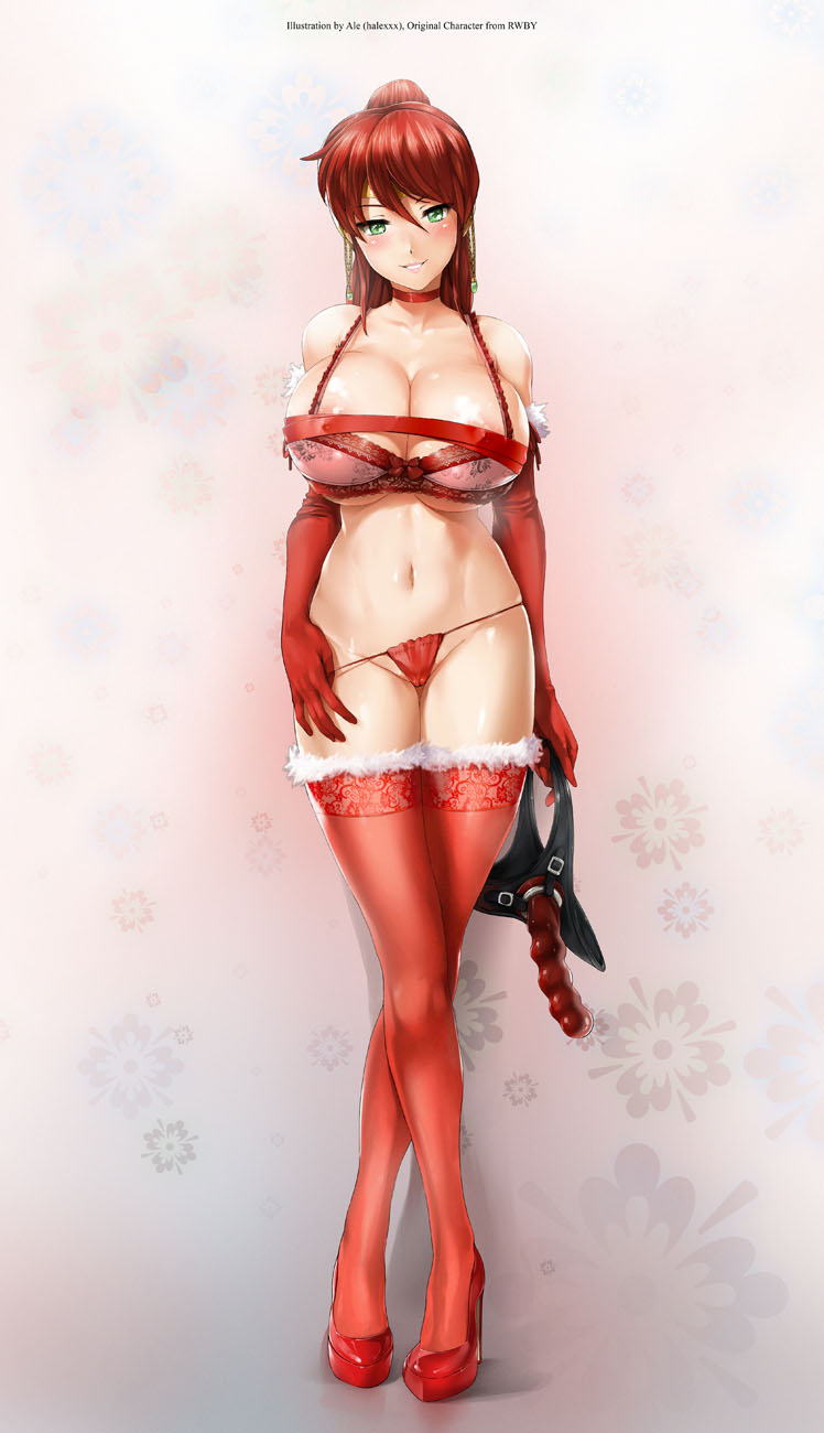 ale_(ale_halexxx) blush christmas_lingerie female female_only gloves green_eyes halexxx lingerie pyrrha_nikos red_hair rwby smile solo stocking strap-on thigh_highs