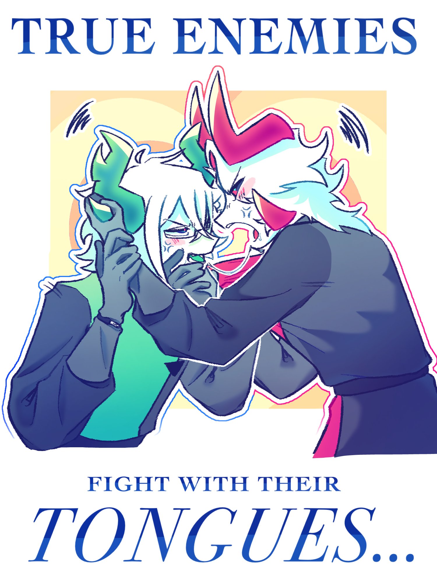 agressive, blush, blush lines, blushing, clothed, color, colored, colored horns, colored tongue, enemies, enemies to lovers, enemies with benefits, english text, gay, green eyes, hate, hate fuck, horns, kissing, medkit (phighting), phighting, pink eyes, roblox, roblox game, saliva, saliva on tongue, saliva string, saliva trail, sloppy, sloppy kiss, subspace (phighting), text, tounge, tounge kissing, tounge out, white fur, white hair, white skin, yaoi