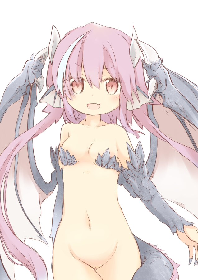 blush bottomless breasts collarbone cowboy_shot cute_fang dragon_girl female head_fins horns long_hair looking_at_viewer monster_girl multicolored_hair navel naya open_mouth pink_hair pussy short_hair_with_long_locks simple_background small_breasts smile solo tail uncensored white_background wings