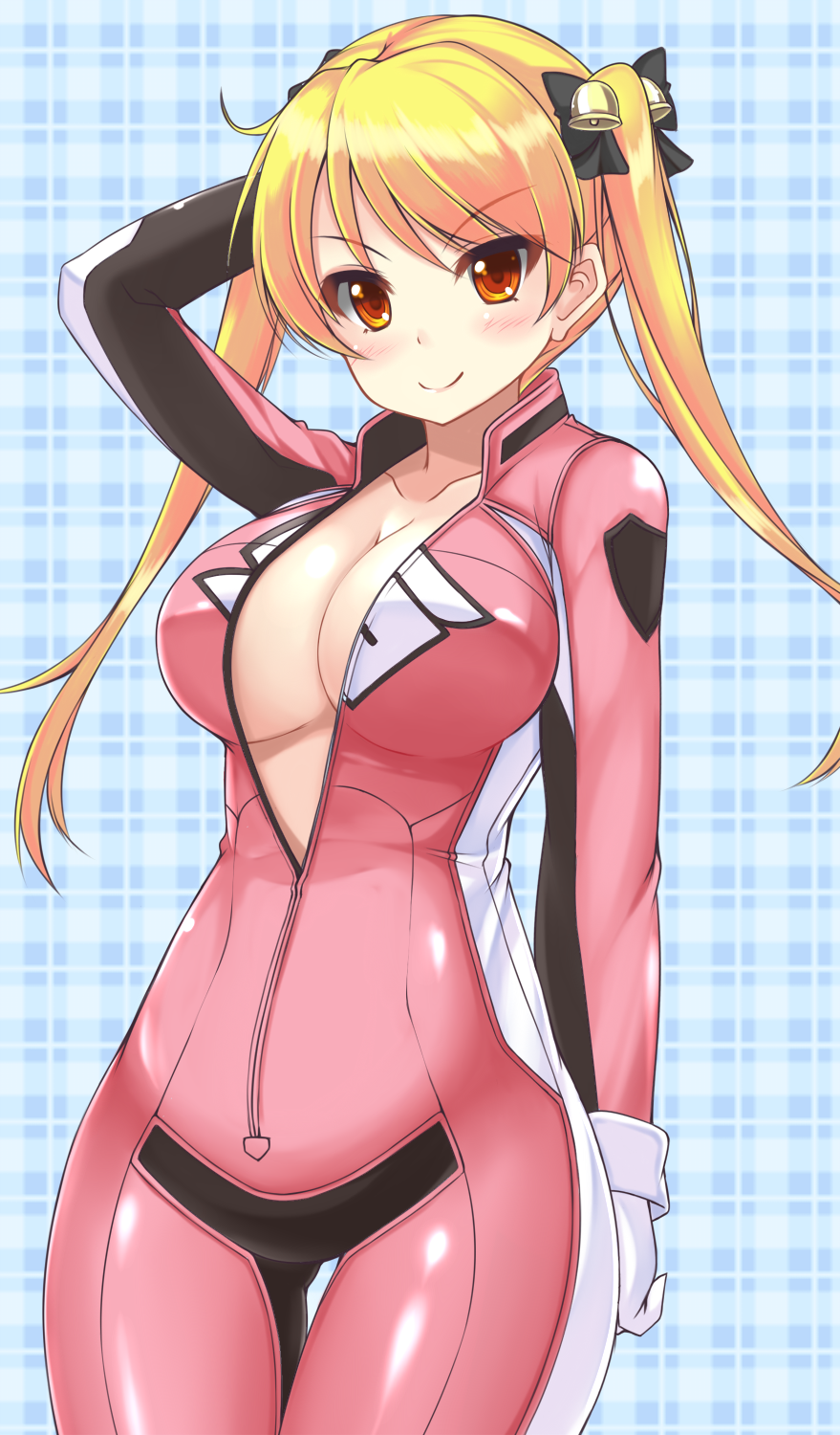 arm_behind_back arm_up bakuon!! biker_clothes black_ribbon blonde_hair breasts checkered checkered_background cleavage closed_mouth clothing collarbone cowboy_shot eyebrows eyebrows_visible_through_hair eyelashes female gloves hair_ribbon hand_in_hair highres jumpsuit large_breasts lips looking_at_viewer red_eyes revision ribbon skin_tight smile sogaya solo standing suzunoki_rin thigh_gap tied_hair tsurime twintails white_gloves