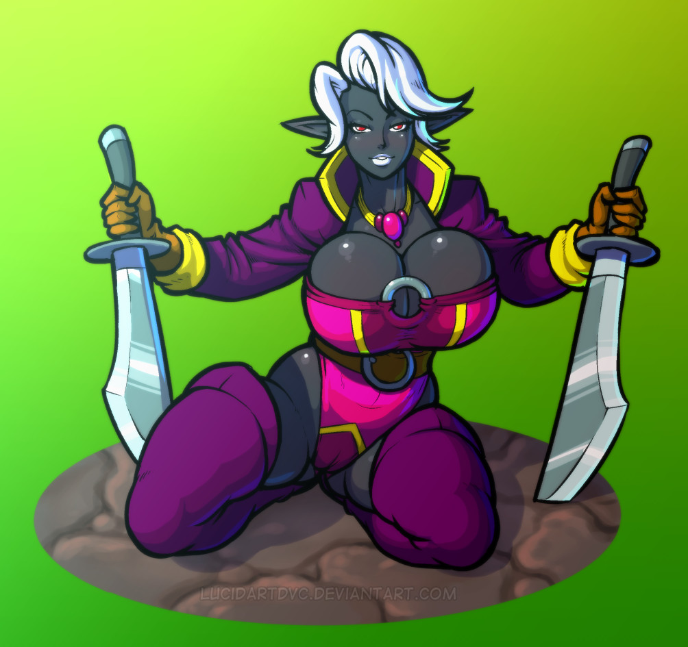 black skin, breasts, cleavage, dark elf, demien, drow, dungeons and dragons, elf, female, hips, huge breasts, monster girl, pose, red eyes, solo, sword, thighs, weapon, white hair