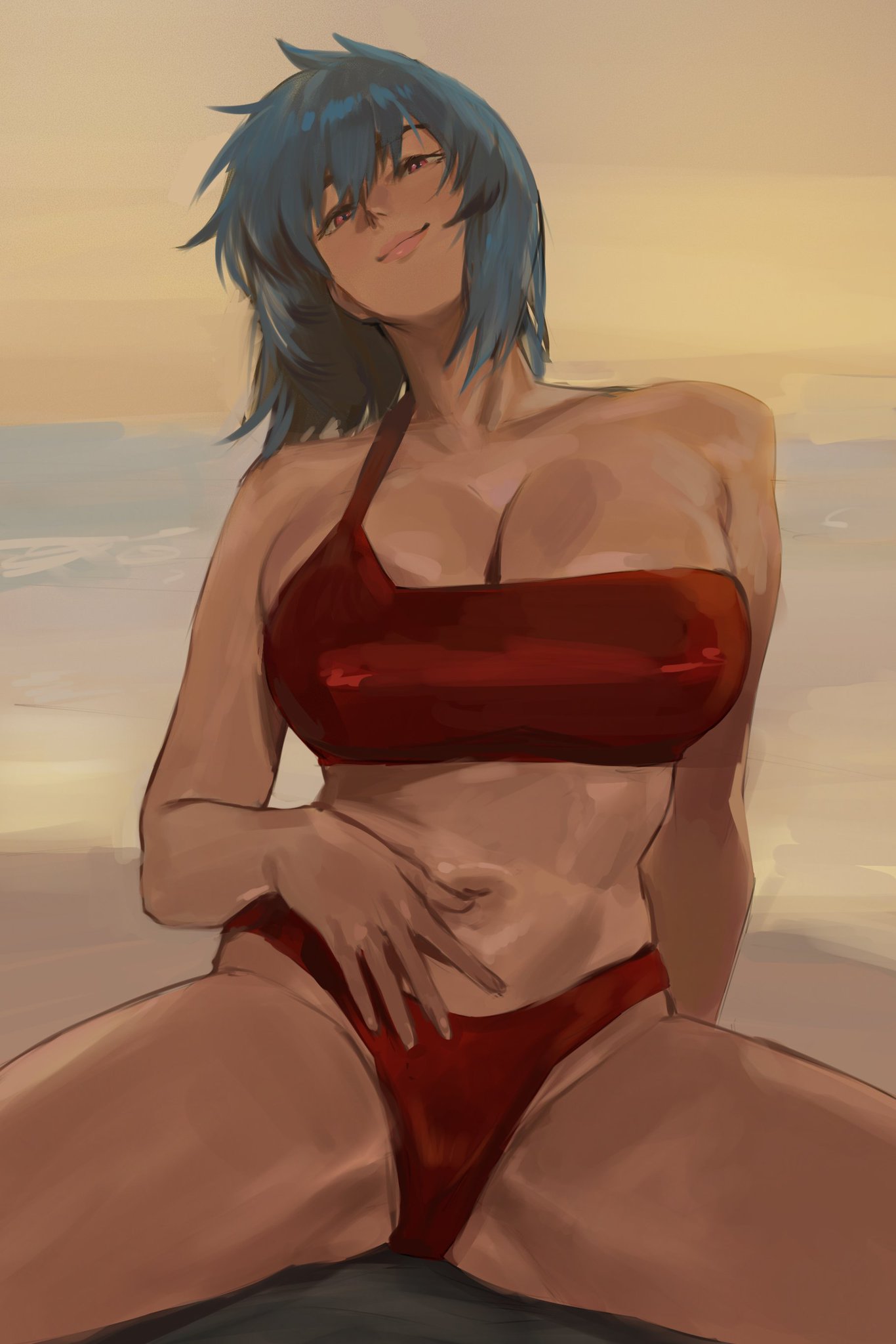 beach, belly, belly button, big boobs, big breasts, big tits, bikini, bikini bottom, bikini top, blue hair, boobs, breasts, child bearing hips, cleavage, curvaceous, curvaceous body, curvaceous female, curvaceous figure, curvaceous hips, curvaceous thighs, enargeia, female, female focus, female only, ghost in the shell, hand on stomach, kusanagi motoko, large boobs, large breasts, large tits, looking at viewer, midriff, midriff baring shirt, navel, pink eyes, sitting, stomach, taiyang yu, tan body, tan skin, thong, thong bikini, tits, titties, tummy, two piece swimsuit, two-piece swimsuit, waifu