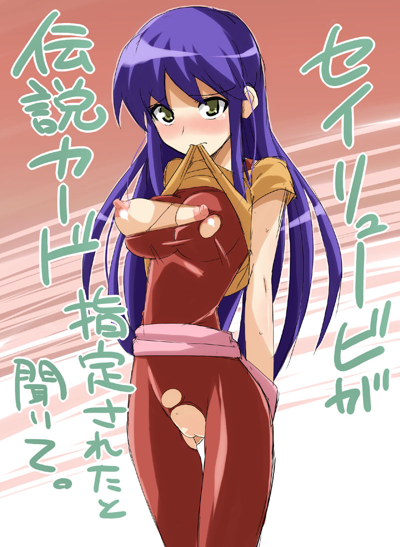 battle_spirits battle_spirits:_heroes blush breasts chicago-x clothes_around_waist embarrassed female green_eyes long_hair lost_clothes mouth_hold nipples nora_nyao open_clothes purple_hair pussy shirt shirt_lift solo standing sweat tears text torn_clothes translation_request uncensored unitard