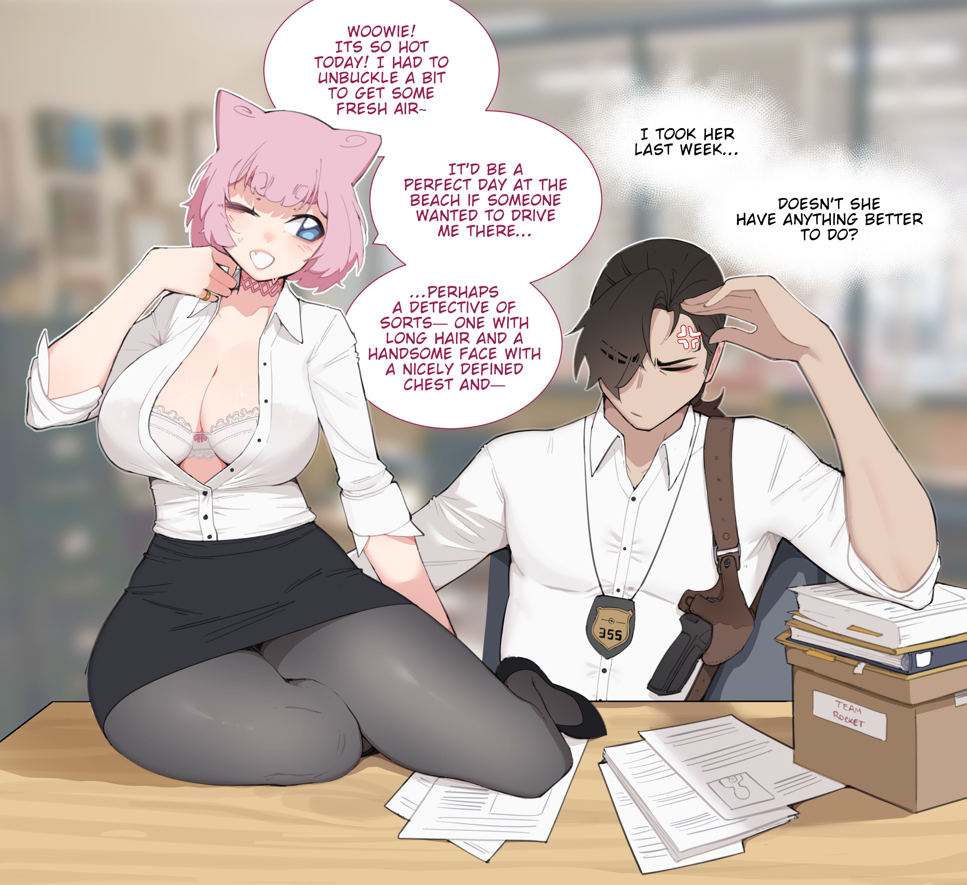 1boy, 1girls, anger vein, big breasts, black hair, blue eyes, blurry background, blush, bra, closed eyes, dialogue, english text, female, generation 1 pokemon, humanized, humanized pokemon, legendary pokemon, light skin, luxurias, male, mew, nintendo, office lady, on table, one eye closed, open shirt, pantyhose, pink hair, pokemon, pokemon (species), shirt, skirt, sleeves rolled up, speech bubble, thick thighs, vanessa (luxuriass), very high resolution