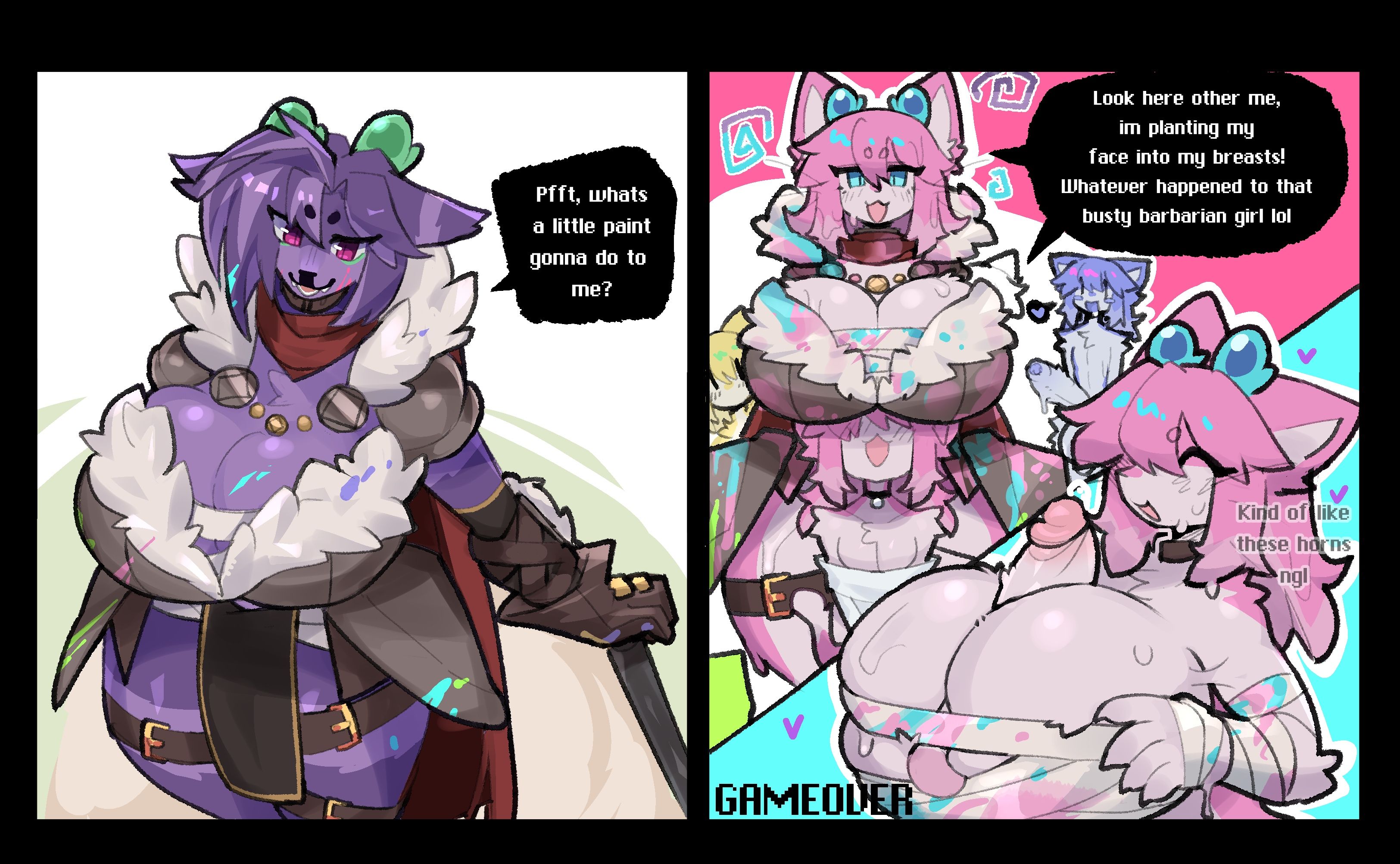 1boy, 2d, 2girls, anthro, bandages, blue eyes, breasts, cape, clonecest, defeated, eye color change, fangs, felid, felid humanoid, feline, feline humanoid, female, femboy, femboy on female, fur tuft, furry, game over, gloves, horns, hush (hushofwoe), identity death, large breasts, mask (marking), mind alteration, mind control, oc, open mouth, paint, paizuri, pauldrons, pink fur, purple eyes, purple fur, red cape, shiyaa stuff, titjob, transformation, twinning