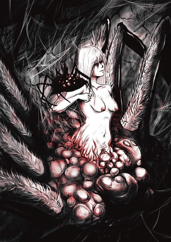 albino arachne blind dark_souls demon demon_girl fair_lady_quelaan fromsoftware medium_breasts monster monster_girl nude pale_skin smile spider spider_girl spider_taur spider_web web white_hair