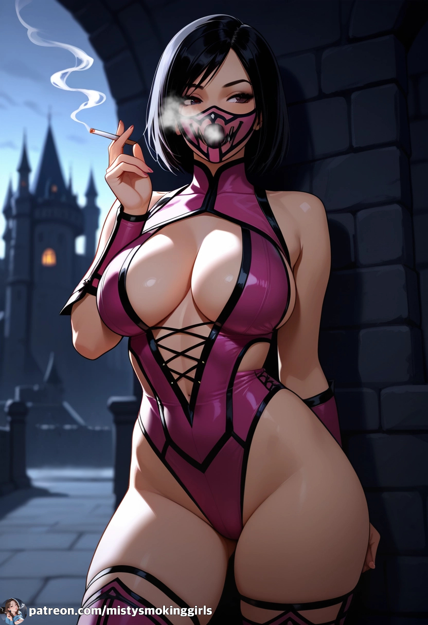ai_generated big_breasts cigarette cigarette_in_hand cigarette_smoke cleavage experiment fighter large_breasts mask masked masked_female mileena mortal_kombat pov_eye_contact princess seductive seductive_eyes seductive_look sexy sexy_pose short_hair smoking smoking_cigarette smoking_fetish solo_female