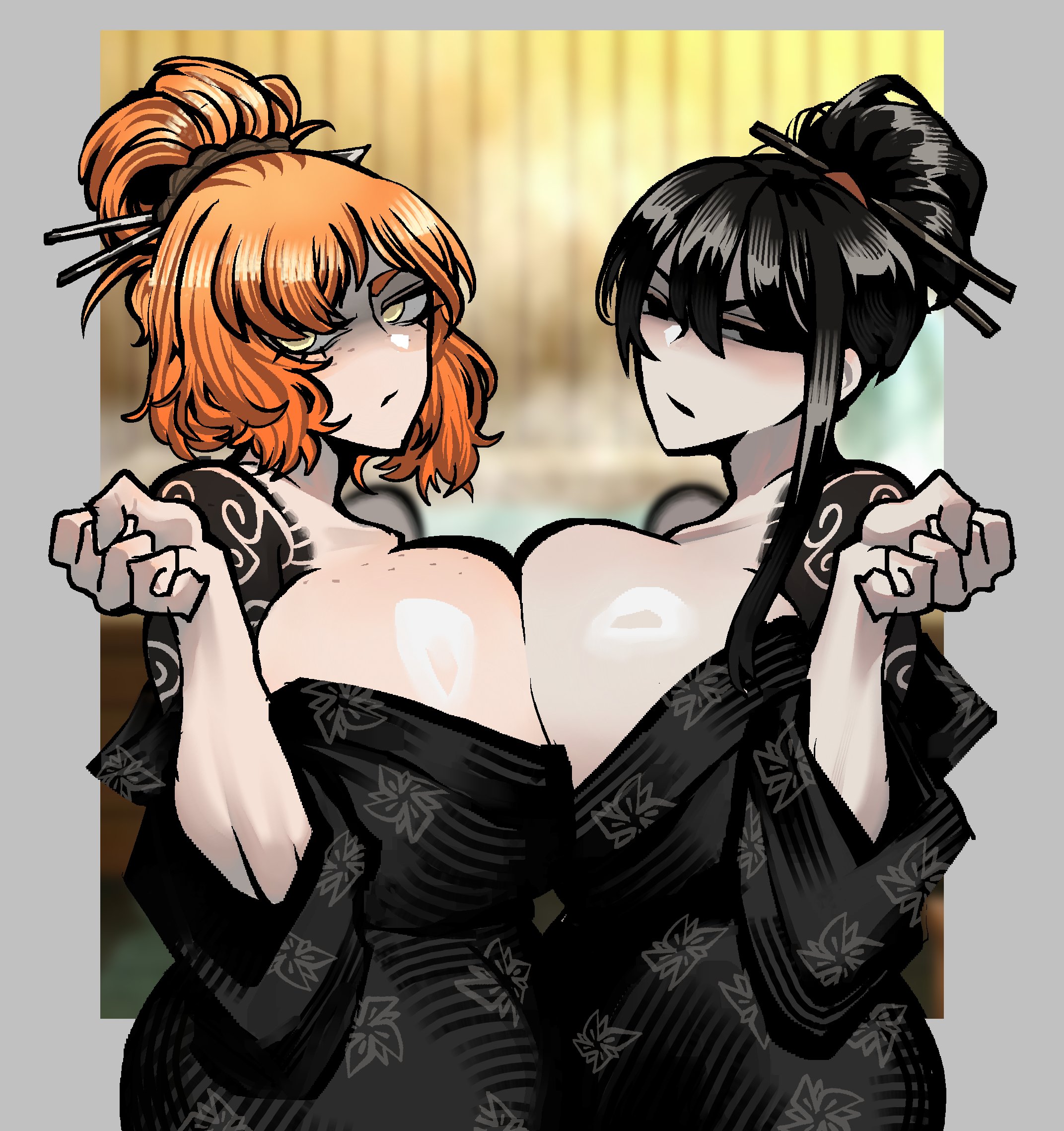 2girls, black hair, blush, breast press, breast squeeze, breasts, breasts bigger than head, breasts squeezed together, eclipseecliptus, female focus, female only, freckles, hair bun, huge breasts, irezumi, ishmael (limbus company), kimono, kurokumo clan (identity) (project moon), library of ruina, limbus company, matching outfit, no bra, orange hair, project moon, sayo (library of ruina), shiny skin, skimpy clothes, symmetrical docking