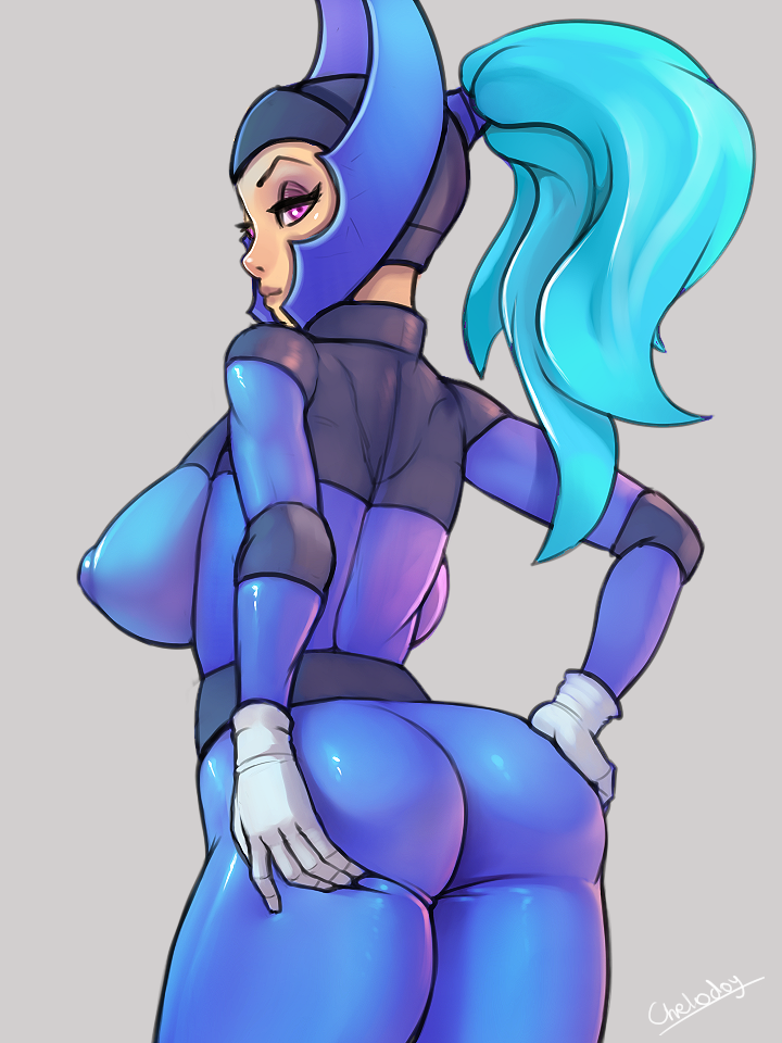 1girls, 2d, ass, big breasts, breasts, chelodoy, dota 2, female, female only, headgear, helmet, human, human female, human only, latex, luna (dota), nipple bulge, purple eyes, simple background, solo, valve corporation
