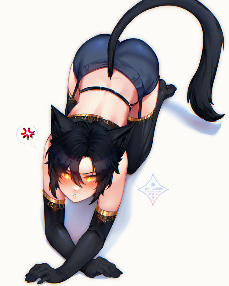 1boy 1femboy ass ass_focus black_hair blush blushing cat_ears cat_tail catboy femboy seductive seductive_look yellow_eyes