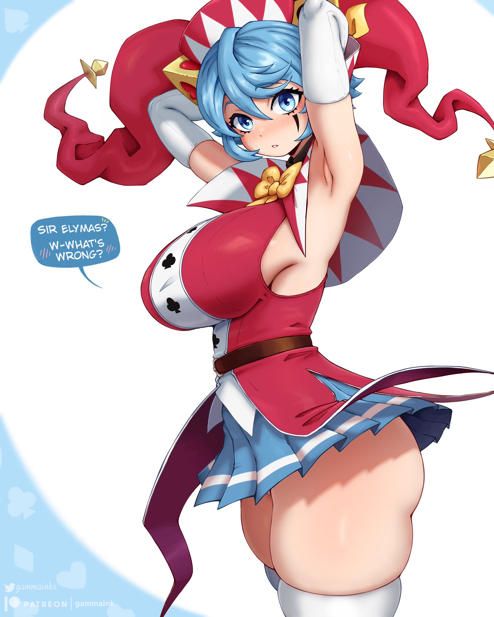 1girls, 2026, ass, big ass, big breasts, blue hair, female, female only, gammainks, human, jester, light skin, light-skinned female, looking at viewer, luce rubis, speech bubble, tagme, thick thighs, tsuihou sareta tensei juukishi wa game chishiki de musou suru