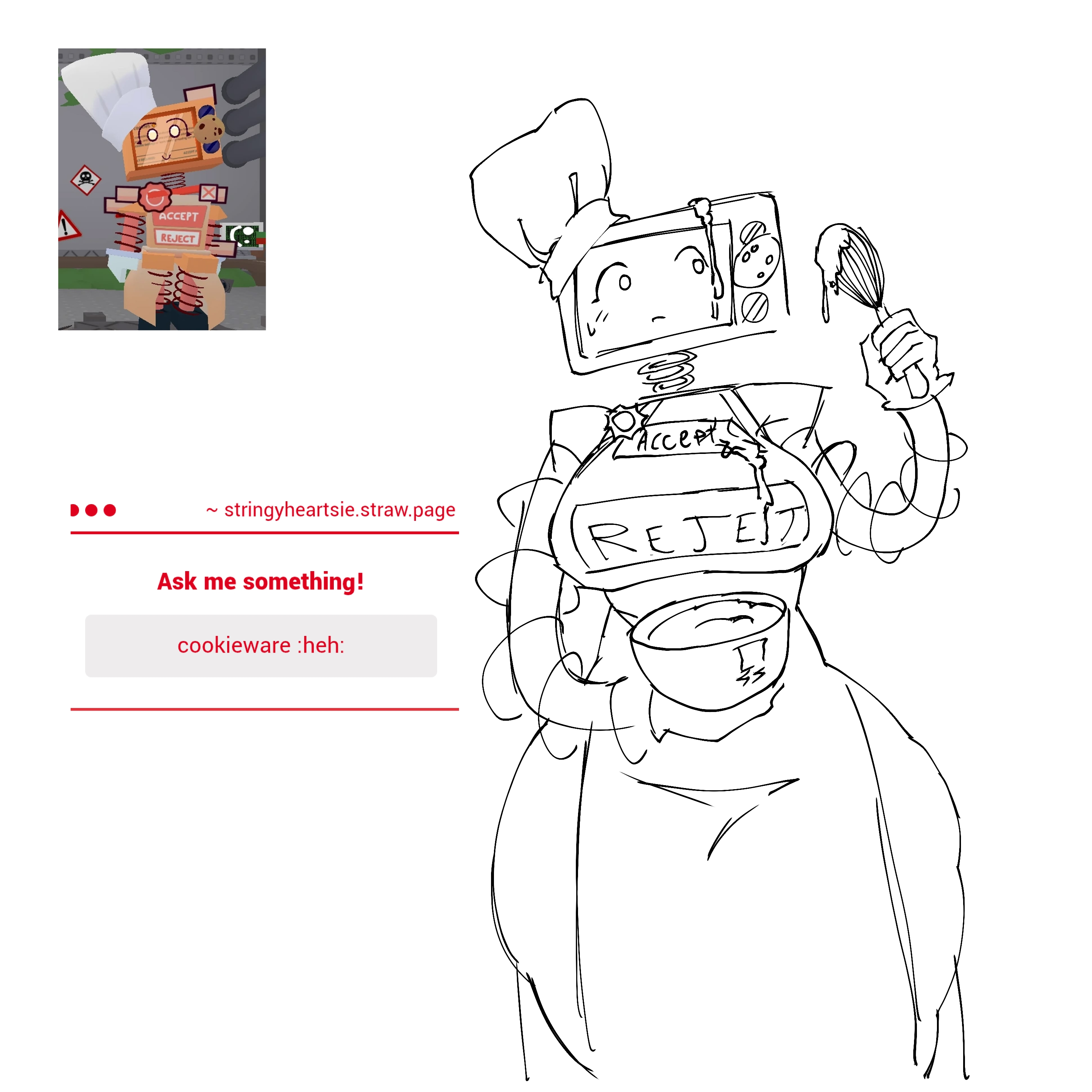 1girl, apron, big breasts, big thighs, breasts, busty, busty female, busty girl, cookieware (die of death), die of death, die of death (roblox), female, female only, lornan1hater, reference image, request, roblox, roblox game, robot, robot girl, robot humanoid, self upload, solo, solo female, solo focus, strawpage request, tagme, thighs