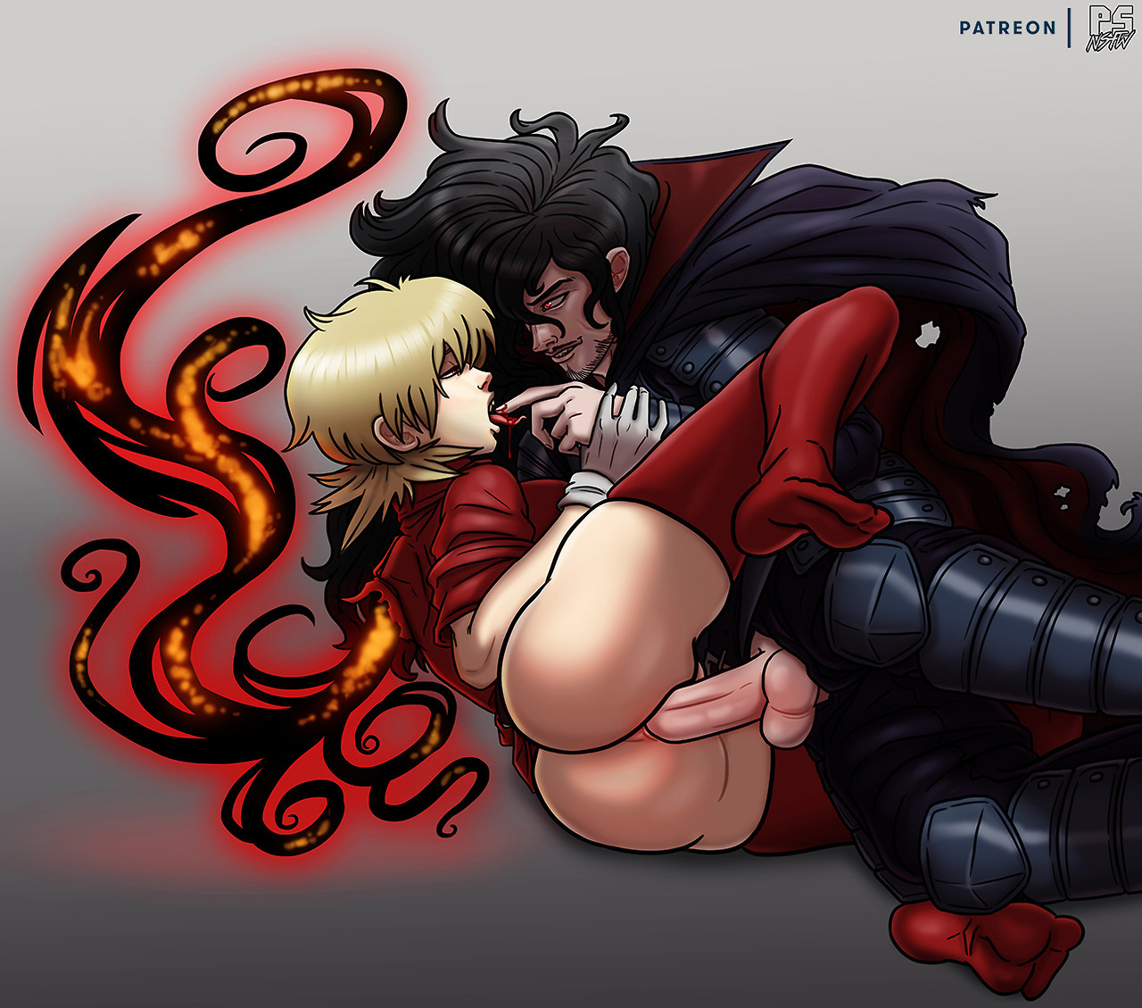 1boy, 1girls, alucard (hellsing), ass, black hair, blonde hair, blood, cape, dracula, female, hellsing, hetero, lying on side, male, penetration, penis, pumpkinsinclair, pussy, red eyes, seras victoria, sex, straight, thigh high socks, thigh highs, thigh socks, thighhigh socks, thighhighs, vaginal penetration, vampire, vampire girl