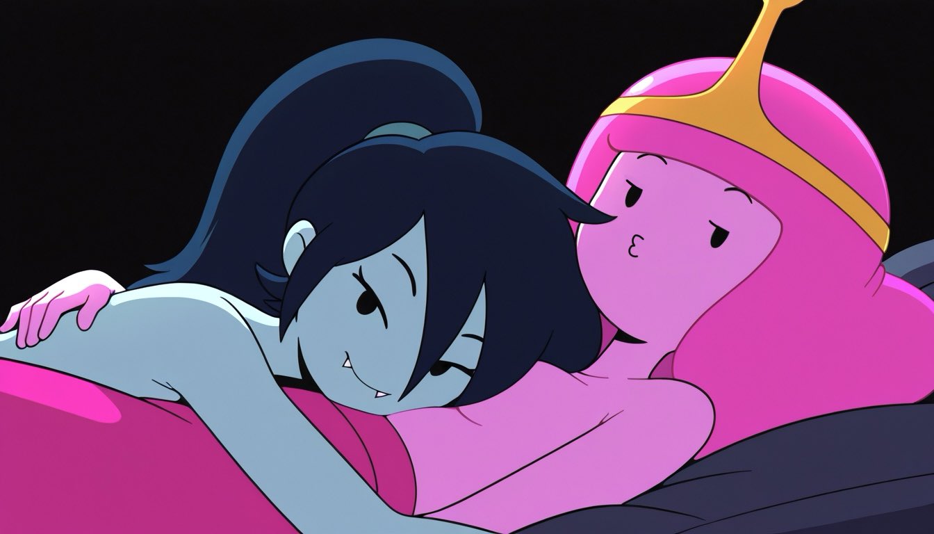 2d, 2d artwork, 2girls, adventure time, female, female only, hug, hugging, hugging partner, marceline, pale skin, pink body, pink hair, princess bubblegum, tagme, tagme (artist), topless, topless female, vampire, white body, white skin, yuri