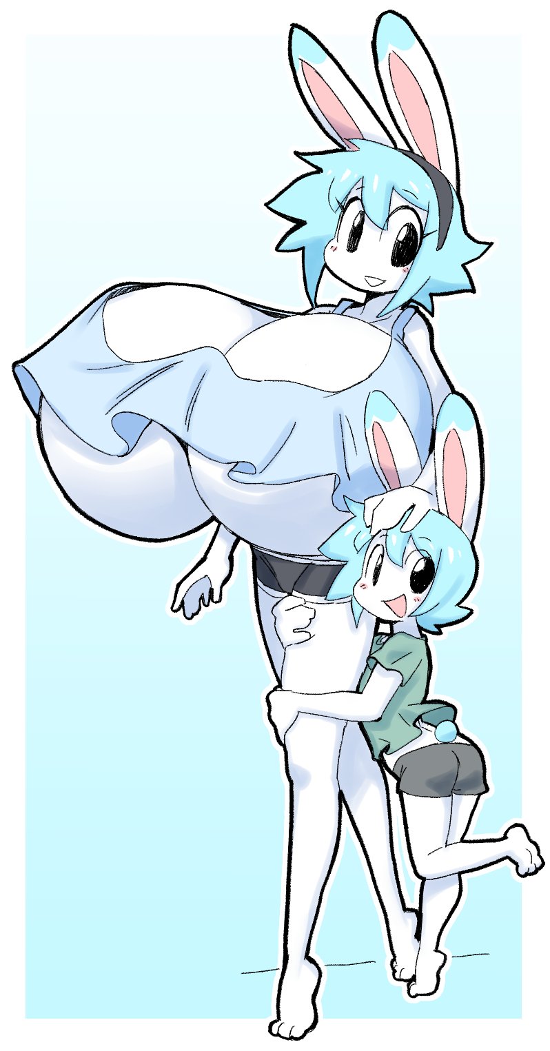 1boy, 1girls, 2026, angstrom, background, blue hair, brother and sister, bunny boy, bunny ears, bunny girl, clothing, duo, feet, furry, hyper, hyper breasts, larger female, marco (angstrom), molly (angstrom), original, p-shaped, short hair, shorts, siblings, size difference, small ass, smaller male, top heavy, white fur