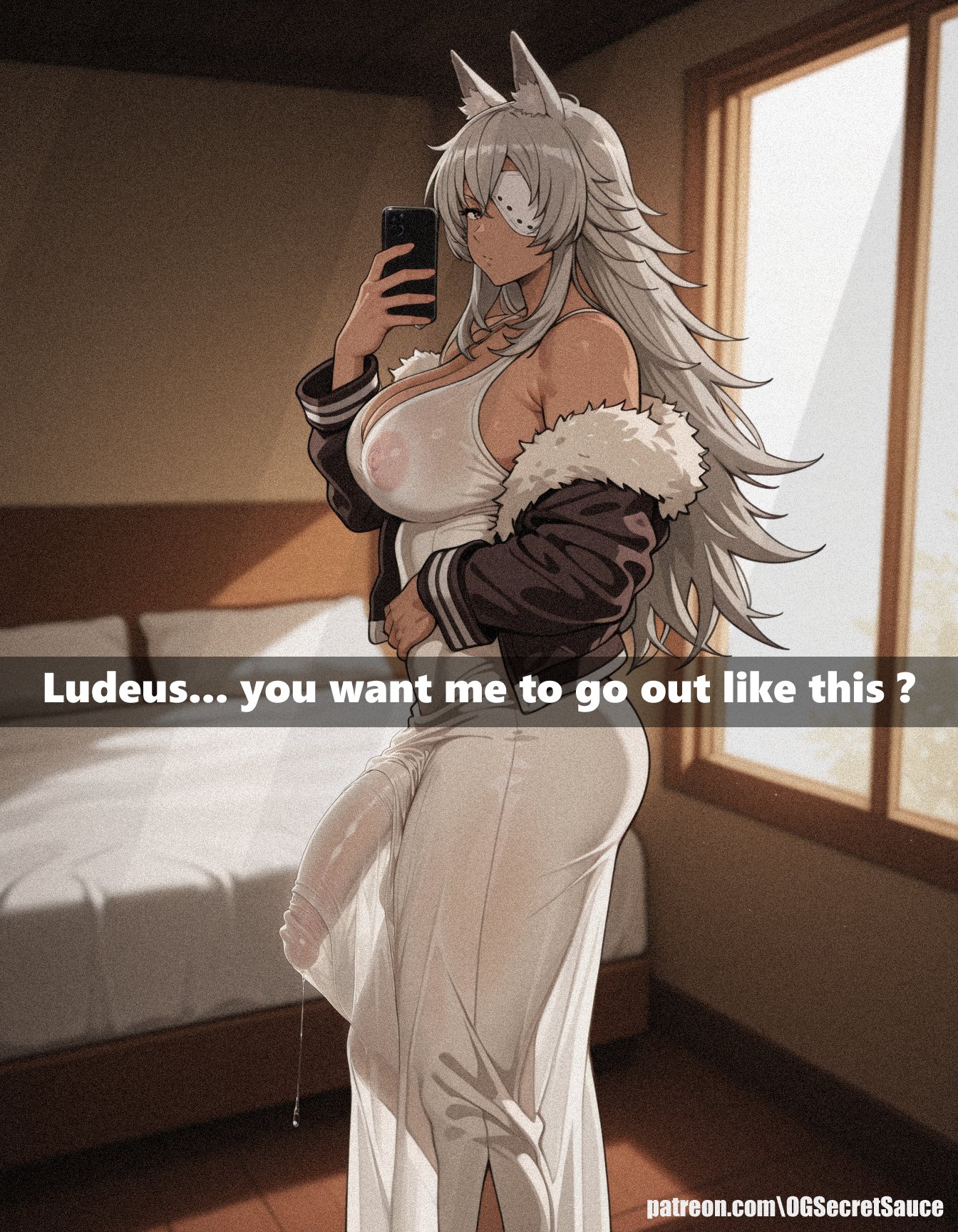 ai generated, balls, big balls, big breasts, big bulge, big penis, blush, bulge, color, dress, futa only, futanari, ghislaine dedoldia, hi res, huge cock, large breasts, light skin, looking at viewer, massive penis, mushoku tensei, ogsecretsauce, selfie, solo, solo futa, standing, thighs, trend