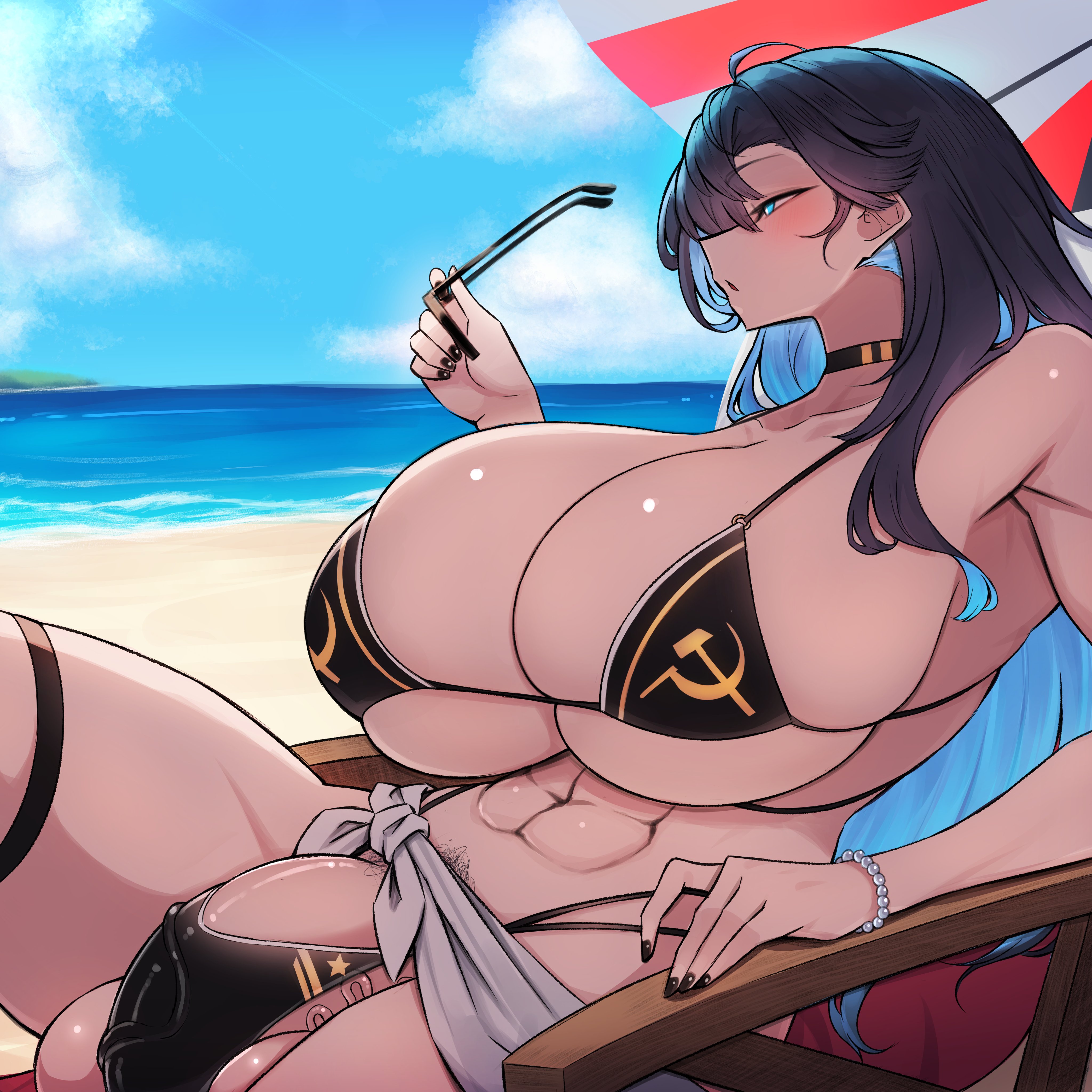 1futa, abs, beach, bikini, black hair, blue eyes, blue hair, blush, bracelet, breasts, bulge, cloud, cloudy sky, erection, erection under clothes, futa only, futanari, hammer and sickle, huge breasts, jewelry, large penis, long hair, muscular, ocean, penis, rikuguma, sand, sitting, sky, solo, solo futa, soviet, sunglasses, swimsuit, testicles, thick thighs, thighs, umbrella, valentina (nuclear-il2), variant, variant set