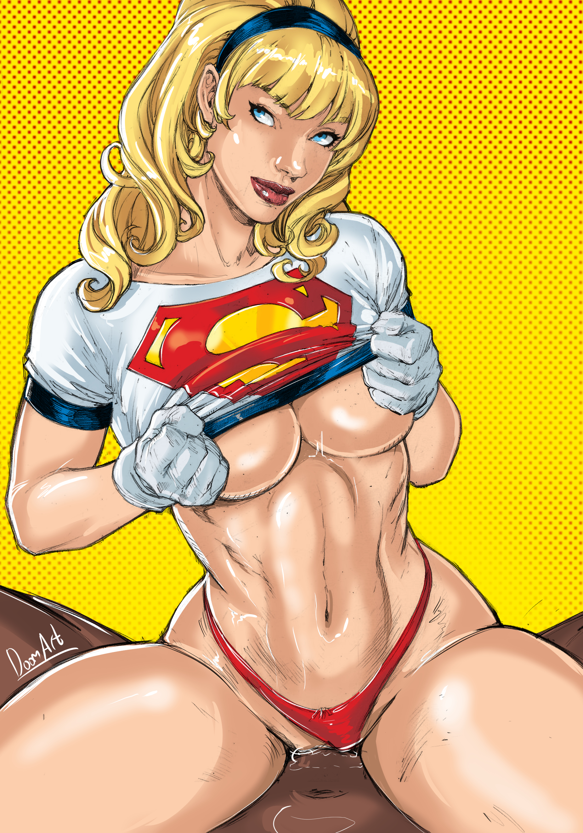 1boy, 1girls, african male, alternate version available, black hairband, blonde female, blonde hair, blue eyes, breasts, covered nipples, dark skin, dark-skinned male, dc, dc comics, deep penetration, doomart, female, gloves, hairband, interracial, interracial sex, linda danvers, long hair, male, medium breasts, partially clothed, partially exposed breasts, penetration, raw sex, risky sex, seductive look, seductive smile, self upload, sex, straight, supergirl, supergirl (series), superhero, superheroine, superman (series), t-shirt, t-shirt lift, teasing, thick thighs, white gloves