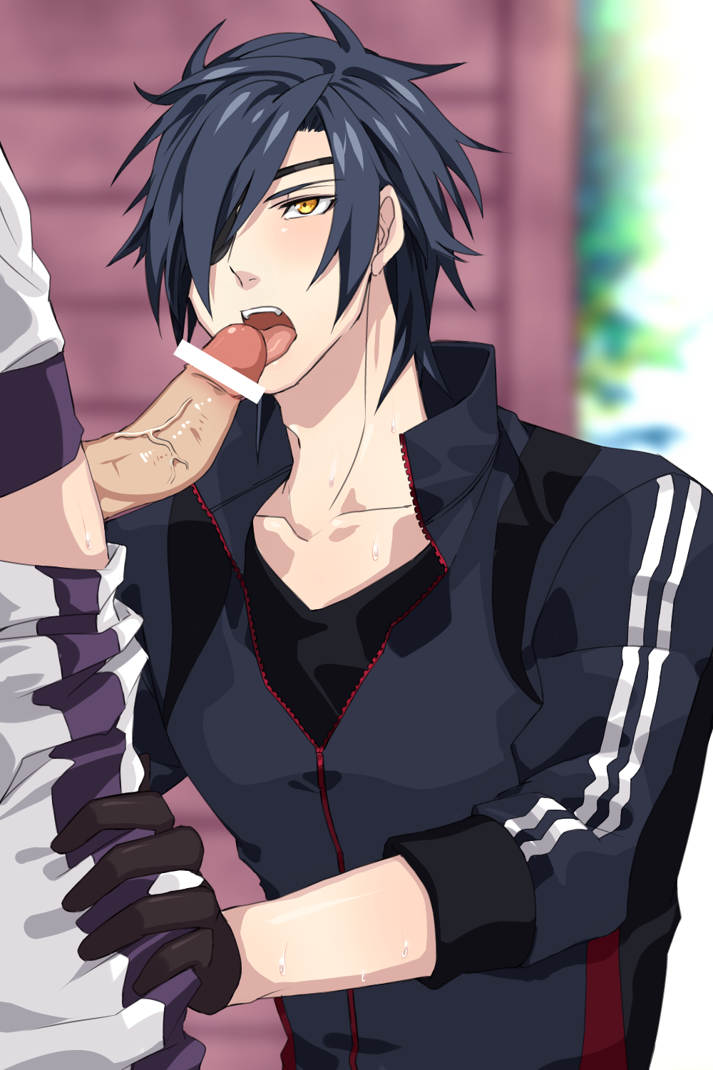 2boys blush cum cum_in_mouth drooling erection eye_patch facial fellatio gloves heshikiri_hasebe male_only multiple_boys muscle oral penis saliva shokudaikiri_mitsutada sweat teeth tongue touken_ranbu undressing yaoi