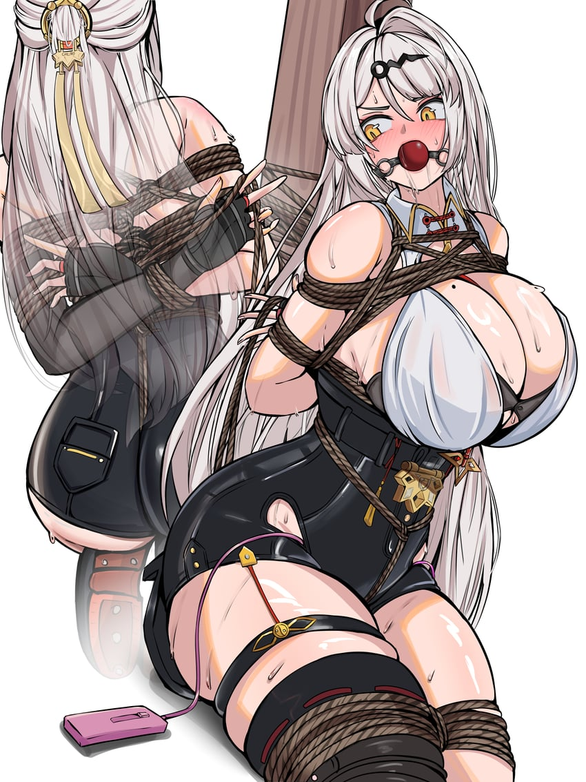 1girl absurdres ahoge arms_behind_back ass ball_gag bdsm blush bondage bound bound_and_gagged bound_arms breasts cleavage clothed crotch_rope curvaceous curvy drooling fingerless_gloves gag gagged gloves hair_between_eyes hair_ornament high-waist_shorts highres huge_breasts kneeling long_hair mature_woman mole mole_on_breast rope sex_toy shorts simple_background single_thighhigh skindentation sweat thigh_strap thighhighs tied_to_pole tied_up vibrator vibrator_cord vibrator_in_pussy vibrator_under_clothes voluptuous white_background white_hair wide_hips yellow_eyes yixuan_(zenless_zone_zero) yuy zenless_zone_zero