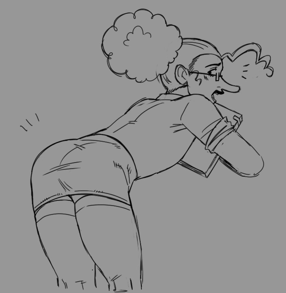1boy 1boys 1male 1man ahoge ass ass_focus bending_forward bending_over bent_over black_male butt butt_crack clothed clothing cowlick cross_dressing crossdressing curly_hair embarassed_male embarrassed f1zztastic femboy femboy_focus femboy_only feminine feminine_body feminine_male fully_clothed gay glasses grey_background holding_book holding_object homosexual homosexual_male long_nose looking_at_viewer looking_back male male_only no_color office_attire office_clothing office_siren office_worker one_piece round_ass secretary shocked skirt thigh_highs thighhighs thighs usopp