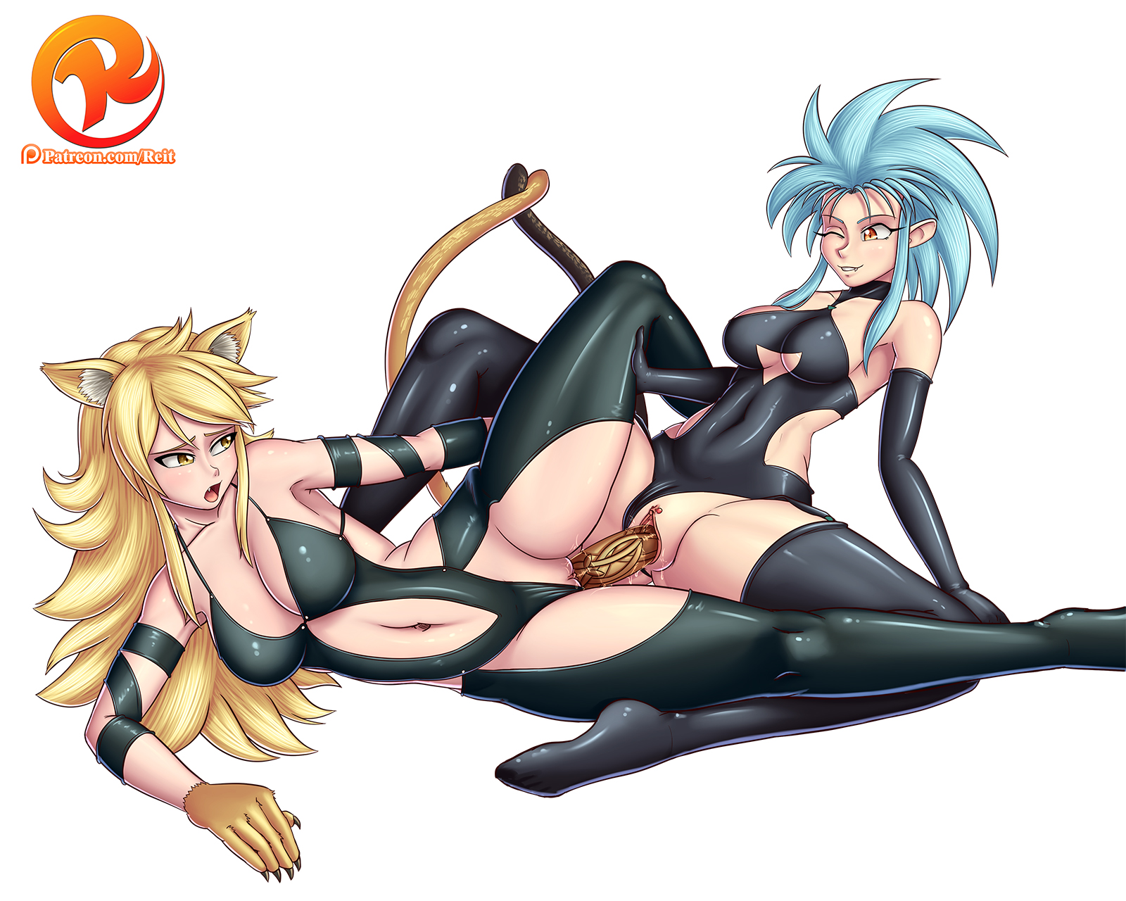 2d, 2d (artwork), 2girls, akame ga kill!, animal ears, animal humanoid, animal tail, artist logo, artist name, big breasts, blonde hair, breasts, cat ears, cat humanoid, cat tail, catgirl, cleavage, clitoral hood, clitoris, clothed, clothed female, clothed sex, clothing, crossover, curves, curvy, curvy female, curvy figure, dildo, dildo in pussy, dildo insertion, dildo penetration, double dildo, enjoying, enjoying sex, felid humanoid, feline humanoid, female, female focus, female only, female penetrated, fur, happy, happy female, hi res, humanoid, humanoid female, humanoid on humanoid, humanoid only, humanoid penetrated, insertion, interspecies, interspecies sex, interspecies yuri, leone (akame ga kill!), lesbian, lesbian sex, long hair, mammal humanoid, mostly clothed, mostly clothed female, multiple girls, navel, object insertion, one eye closed, open mouth, pale skin, pale-skinned female, penetrable sex toy, penetration, pussy, reit, revealing, revealing clothes, revealing outfit, ryoko hakubi, scissoring, sex, sex toy, sex toy in pussy, sex toy insertion, sex toy penetration, shared object insertion, simple background, smile, smiling, smiling at partner, spread legs, tail, tails touching, tenchi muyo!, thick, thick thighs, tribadism, tribadism with dildo, uncensored, underboob, vaginal, vaginal insertion, vaginal penetration, vaginal sex, very high resolution, watermark, white background, wink, winking, winking at partner, yellow fur, yuri