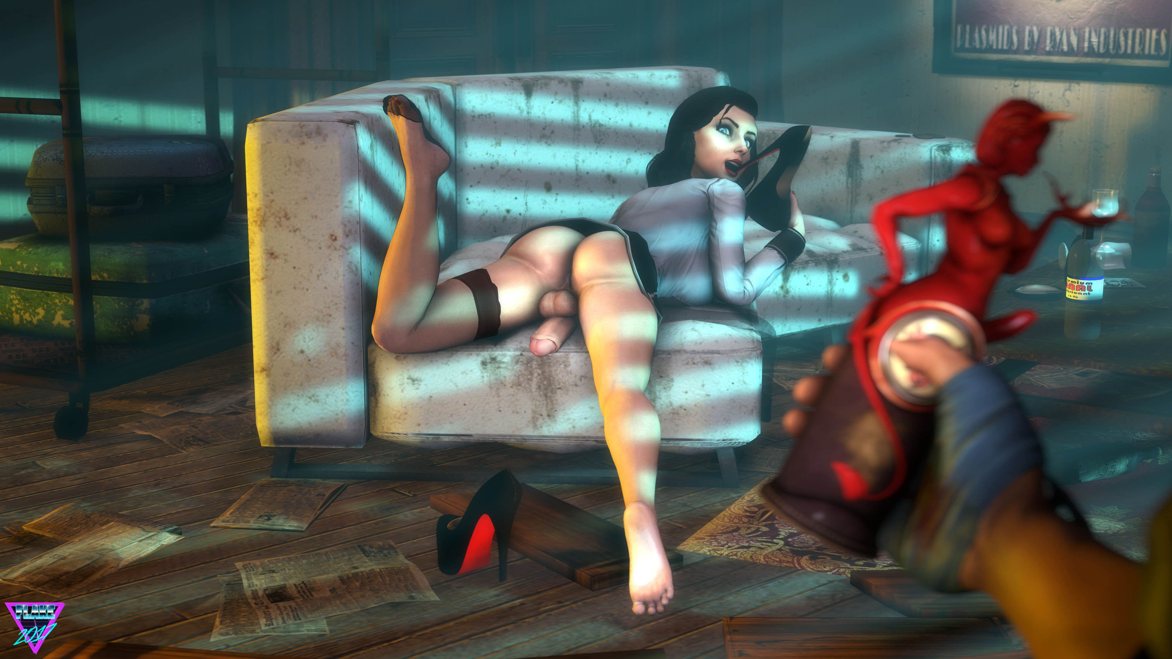 3d, ass, bioshock, bioshock infinite, booker dewitt, burial at sea, clothing, elizabeth comstock, feet, futa with male, futanari, intersex, khornflakesfm, looking at viewer, looking back, male, naughty face, presenting feet, rapture (bioshock), red toenails, sheer legwear, shoes removed, skirt, soles, source filmmaker, tagme