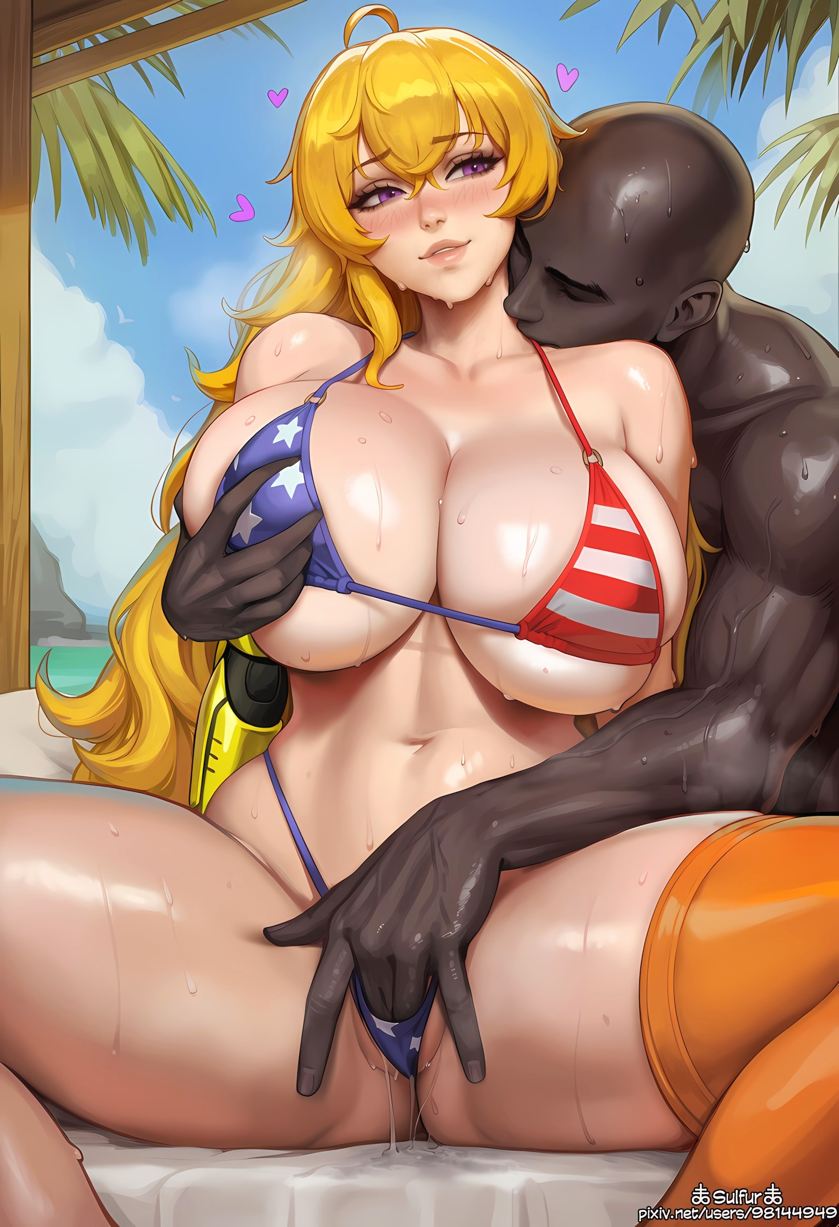 1boy, 1girl, 1girls, ahoge, ai generated, alternate breast size, american flag bikini, beach, bikini, blonde hair, blush, breasts, cheating, cleavage, cuckold, curvy, curvy female, curvy figure, dark skin, dark-skinned male, erect penis, female, female focus, fingering, flag print, grabbing, grabbing another's breast, heart, hetero, huge breasts, huge cock, interracial, large breasts, large penis, long hair, male, massive breasts, muscular, muscular male, navel, netoare, ntr, outdoors, parted lips, penis, prosthesis, prosthetic arm, purple eyes, pussy juice, rwby, shiny skin, sitting, sky, smile, solo focus, spread legs, sulfur666, sweat, sweaty, swimsuit, thighhighs, thighs, yang xiao long