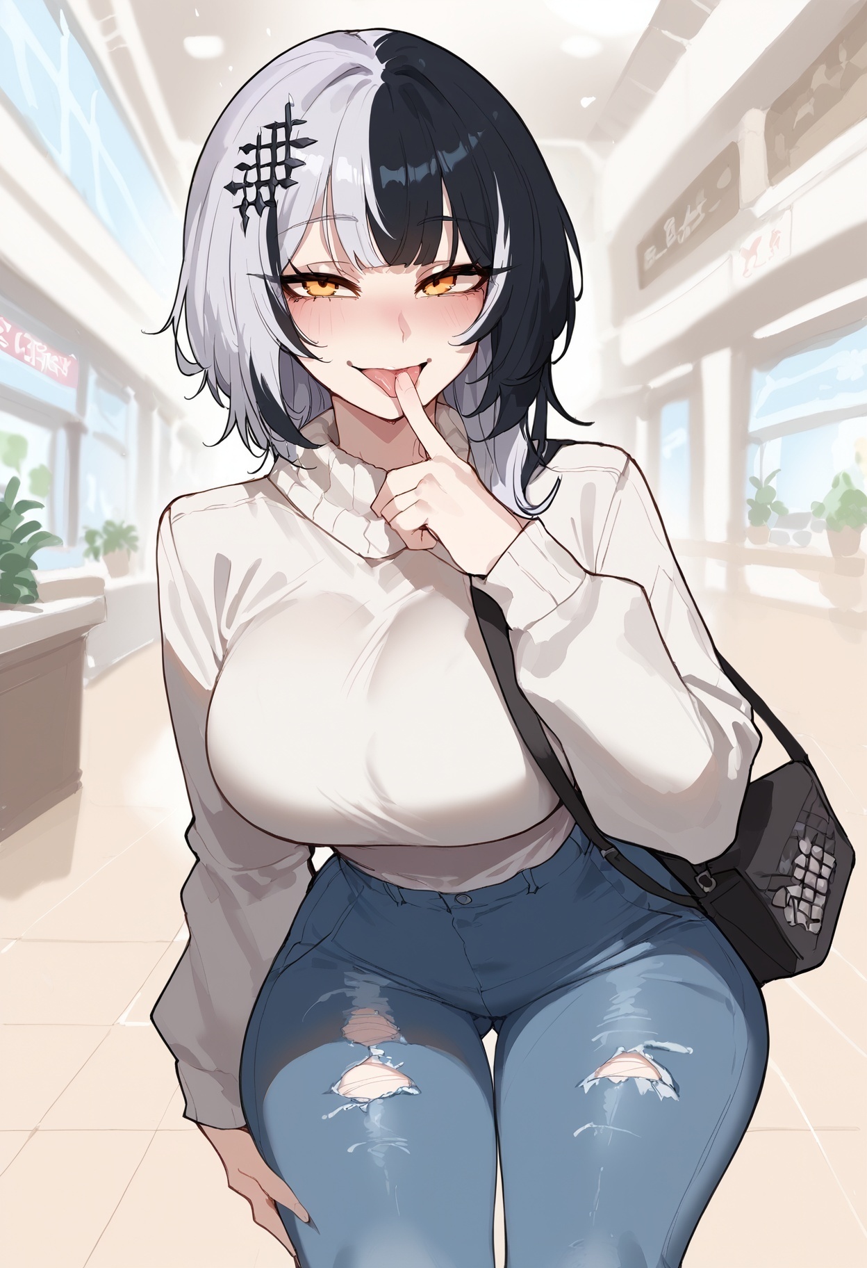 ai generated, black hair, breasts, female, female focus, floppydisc, hololive, hololive english, hololive english -advent-, hourglass figure, large breasts, light skin, light-skinned female, multicolored hair, shiori novella, tagme, virtual youtuber, white hair