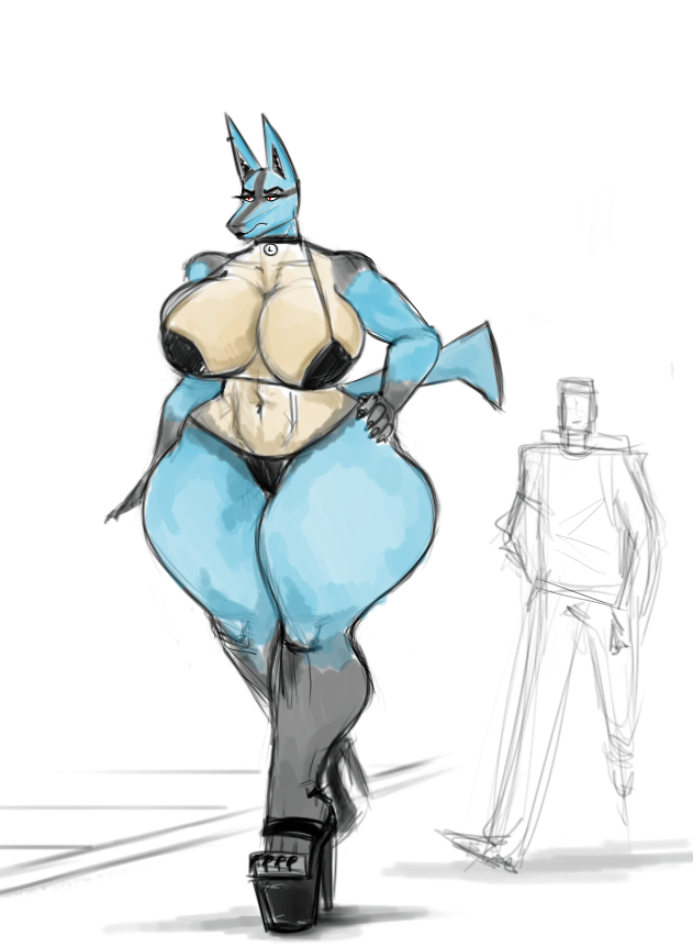 anthro bell bell_collar big_breasts bikini boysa_228 breasts clothing collar duo female footwear generation_4_pokemon hand_on_hip high_heels human lucario mammal nintendo pokemon pokemon_(species) shoes swimwear tail two-piece_swimsuit