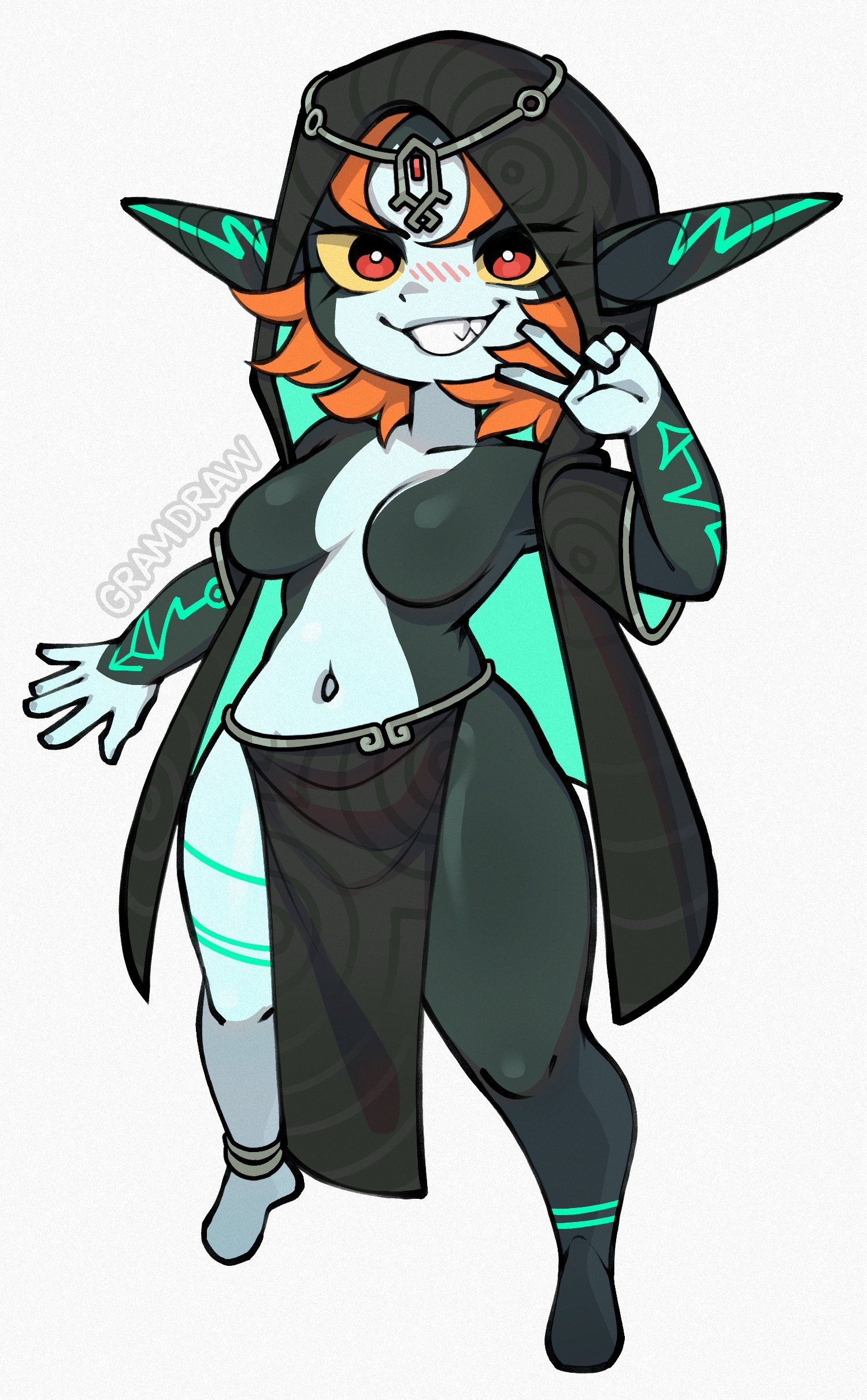 1girls, big ears, blush, female, female focus, female only, gramdraw, imp, imp midna, large breasts, looking at viewer, midna, orange hair, red eyes, shortstack, solo, solo female, solo focus, tattoo, the legend of zelda, thick thighs, thighs, twilight princess, two-tone body, yellow sclera
